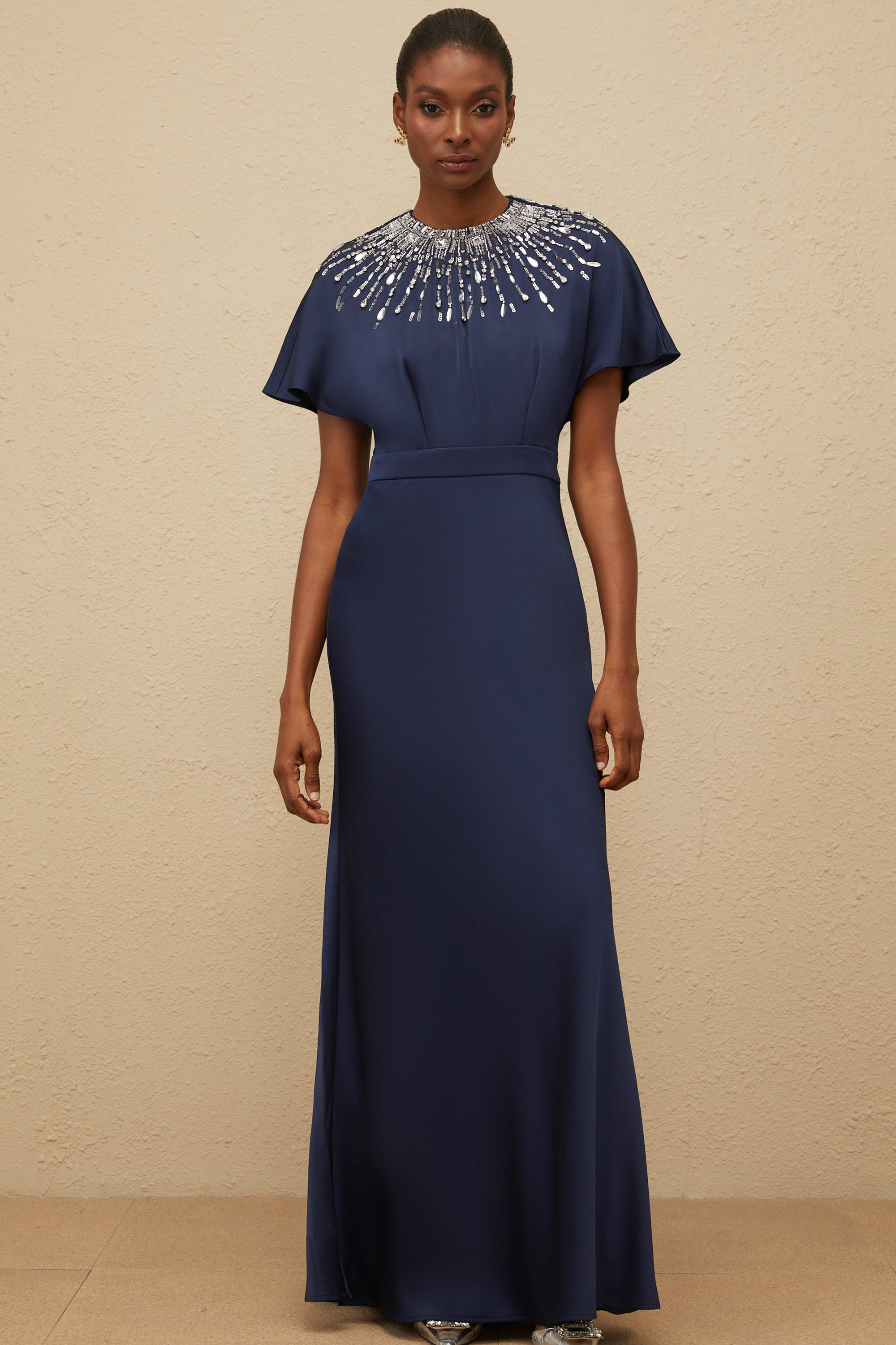 Ombrage Blue Embellished Satin Maxi Dress