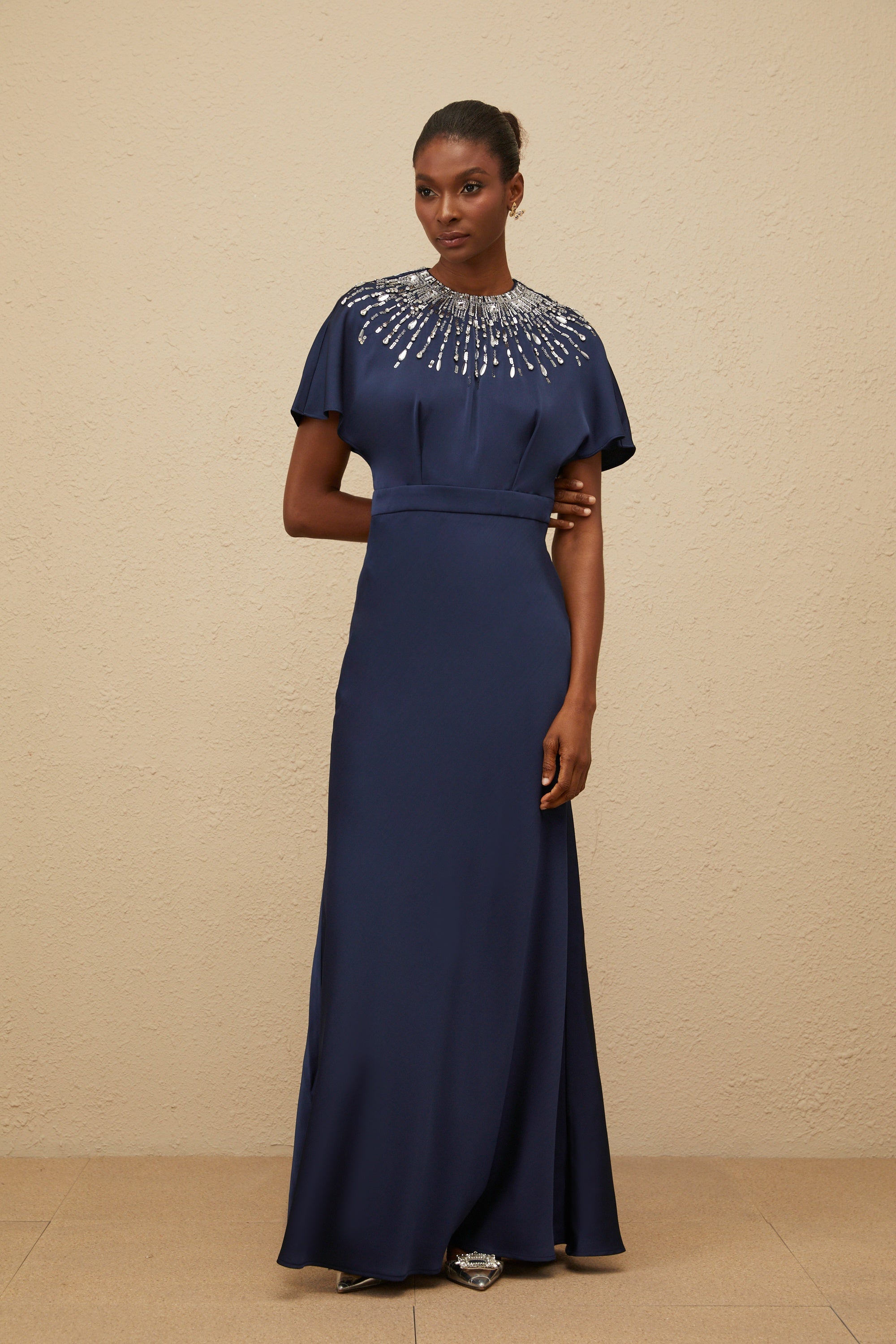 Ombrage Blue Embellished Satin Maxi Dress