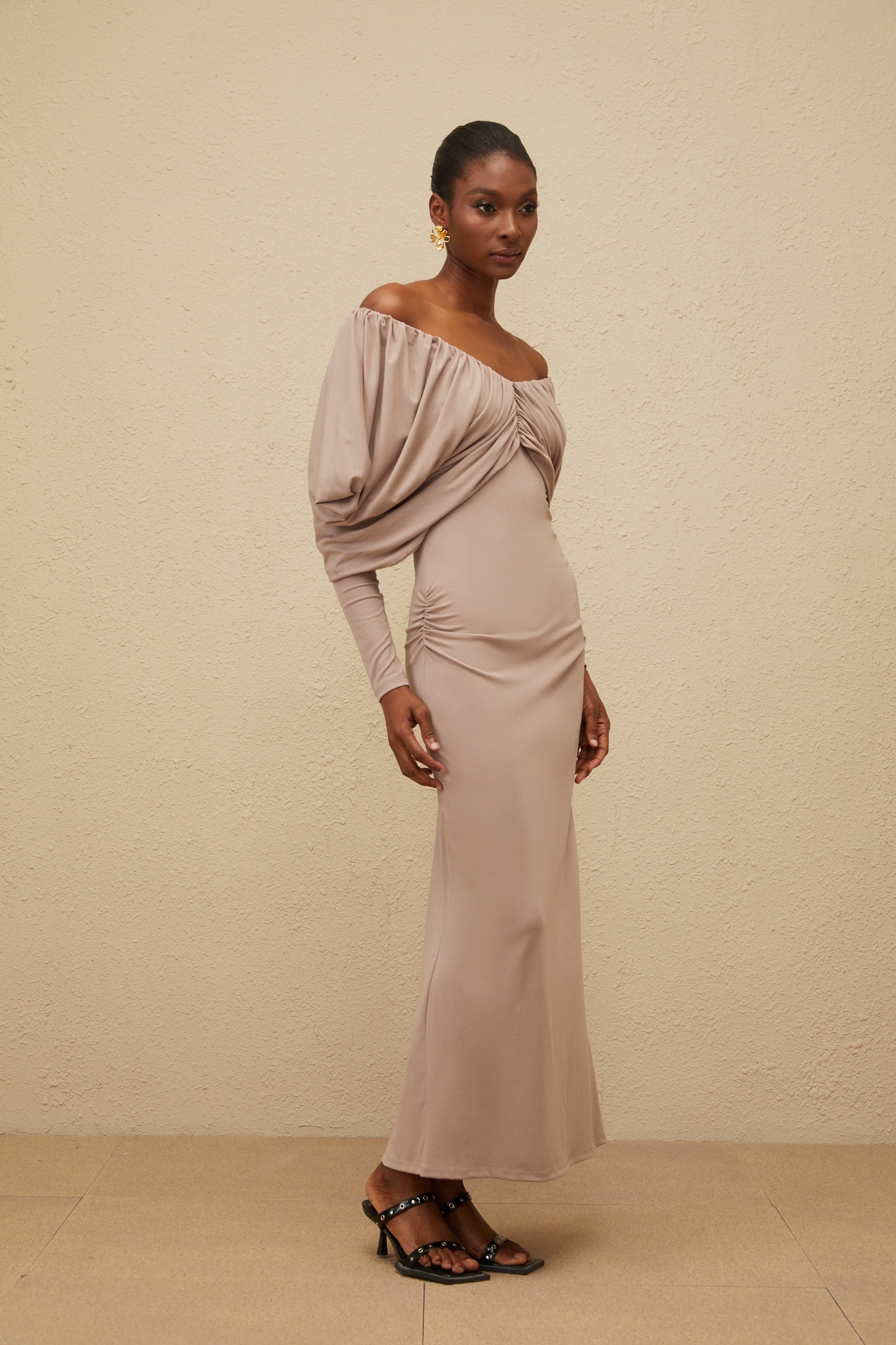 Roxane Grey Ruched Shift Midi Dress