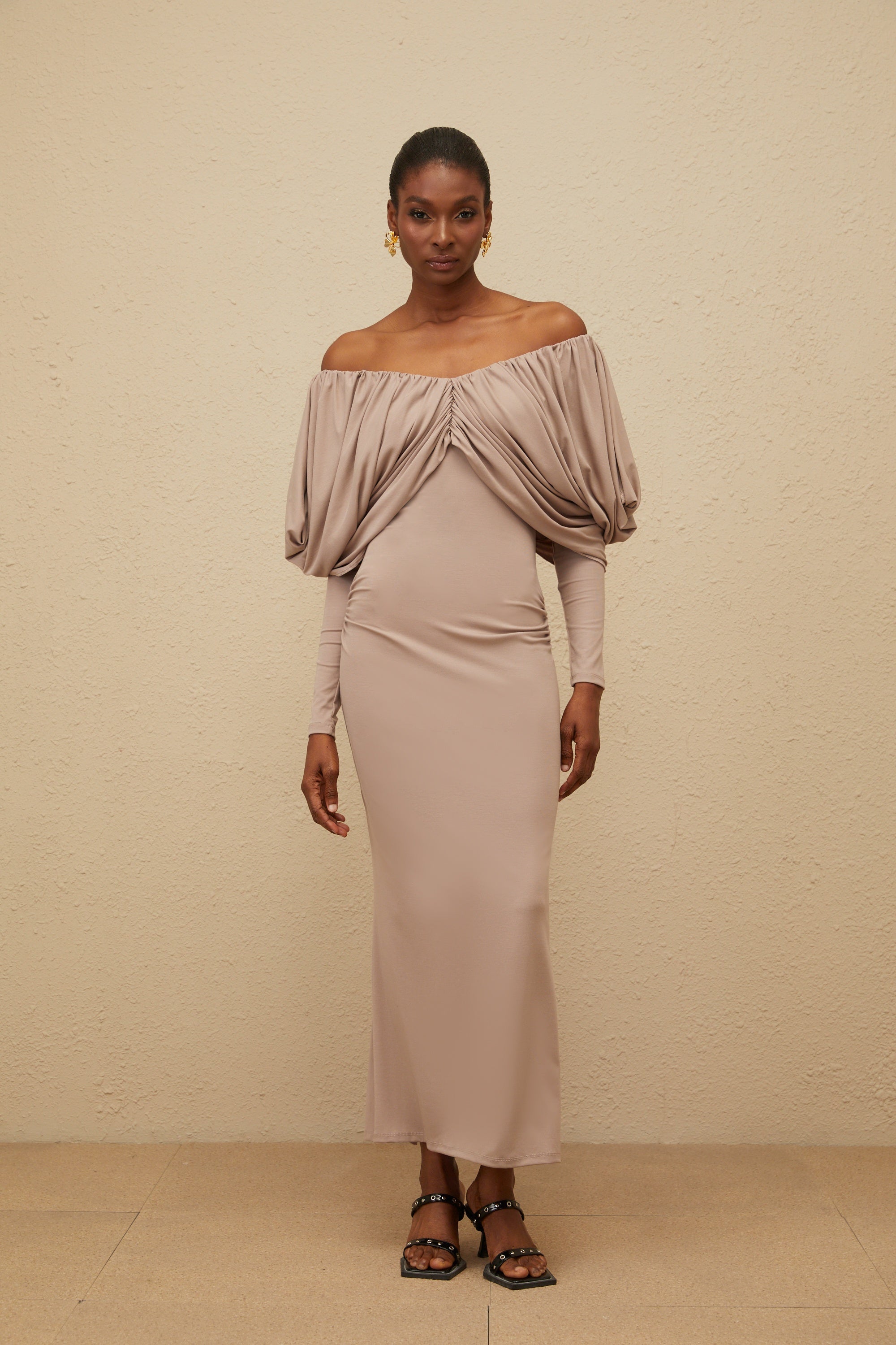 Roxane Grey Ruched Shift Midi Dress