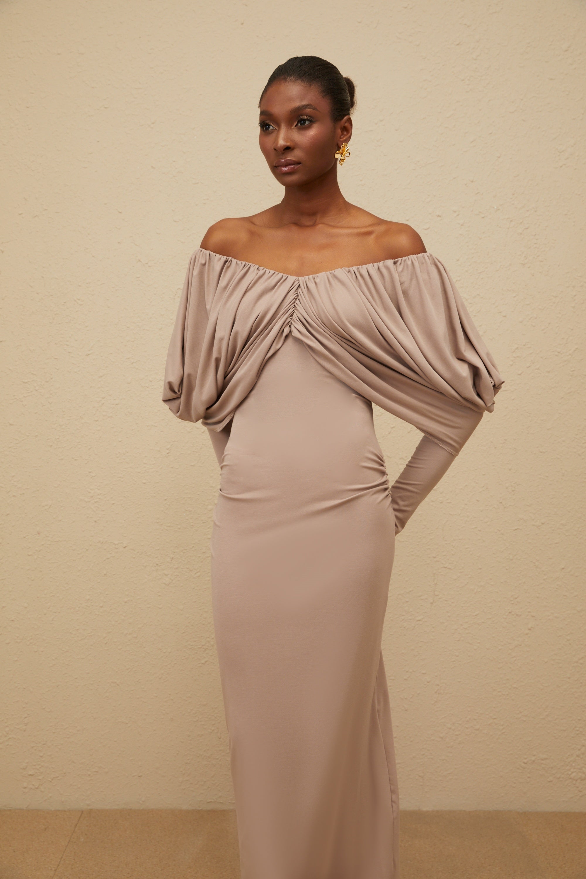 Roxane Grey Ruched Shift Midi Dress