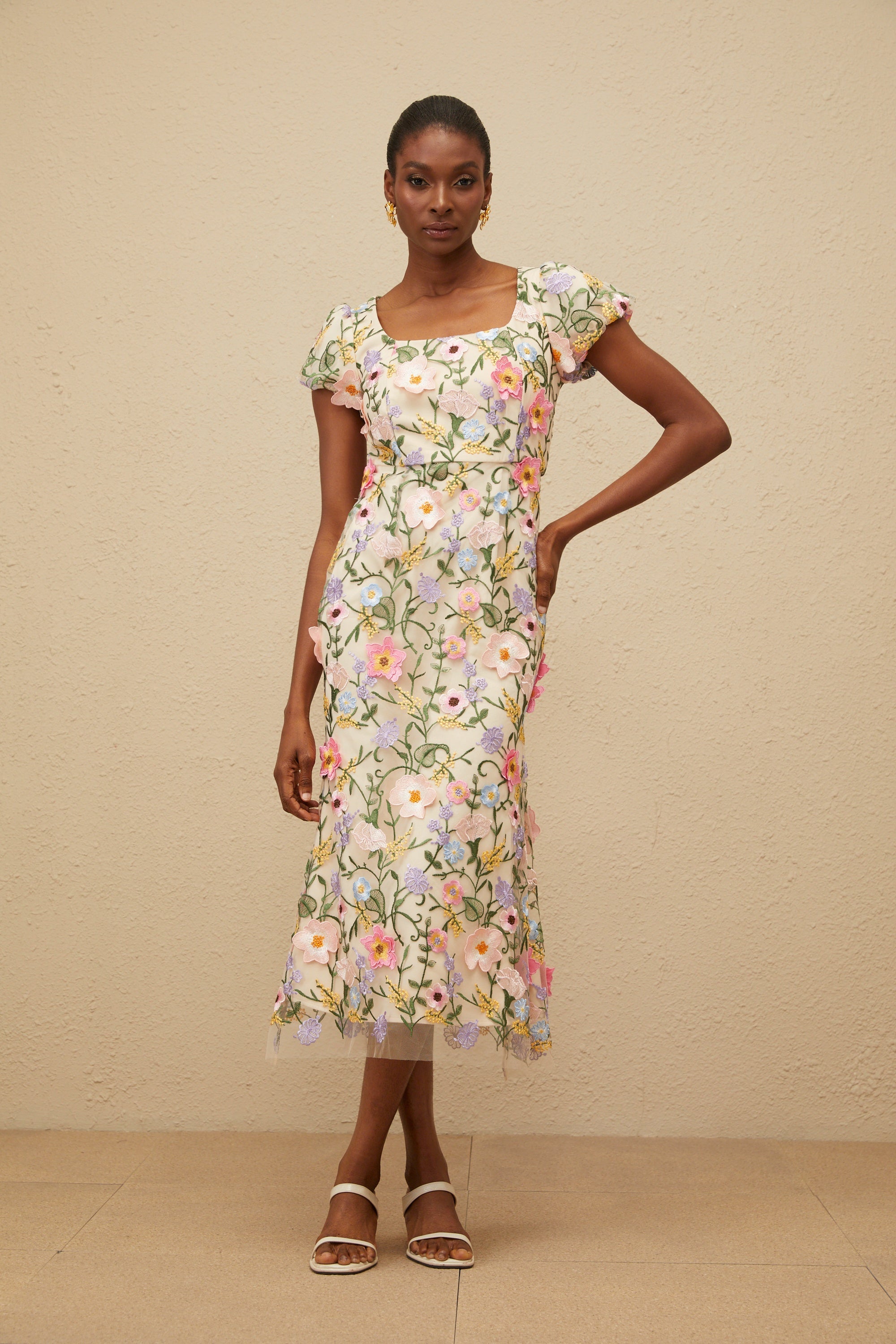 Enjouée Neutral Floral Embroidered Midi Dress