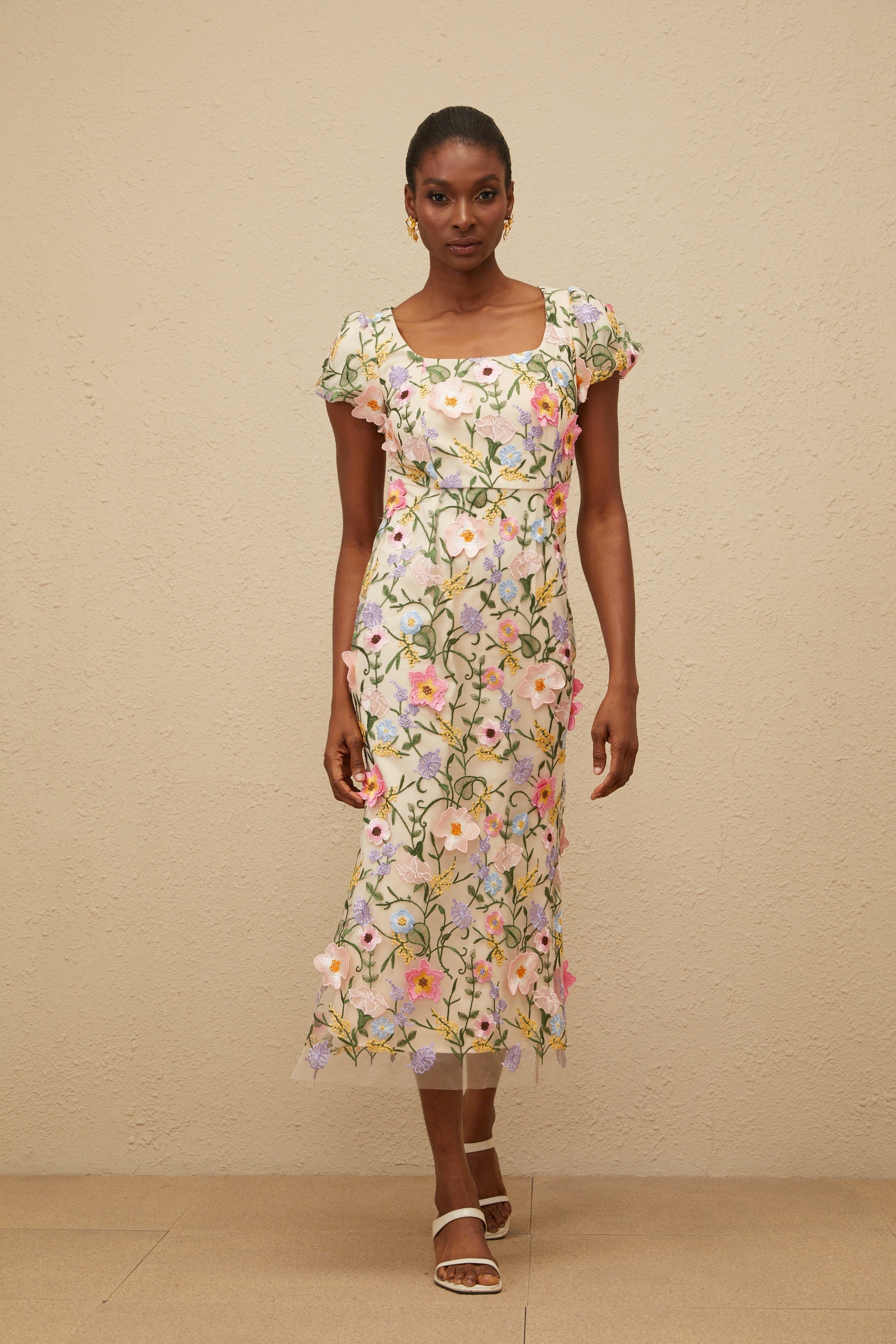 Enjouée Neutral Floral Embroidered Midi Dress