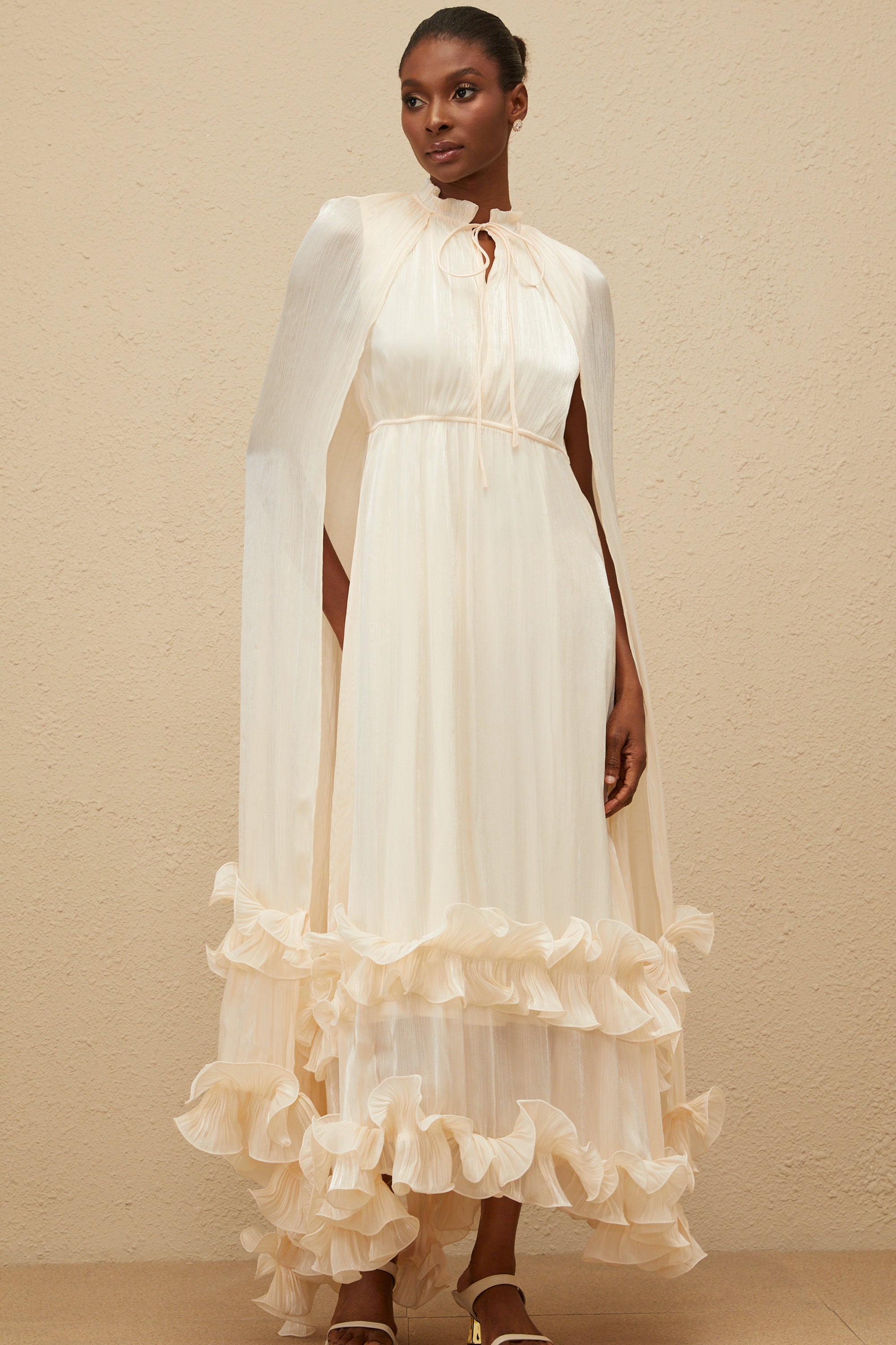 Intemporelle Neutral Cape Pleated Midi Dress