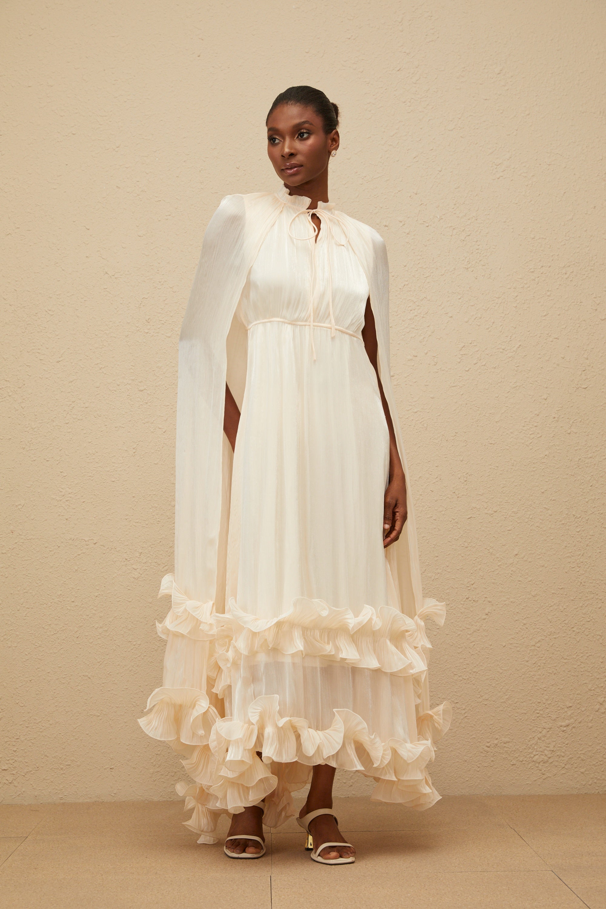 Intemporelle Neutral Cape Pleated Midi Dress