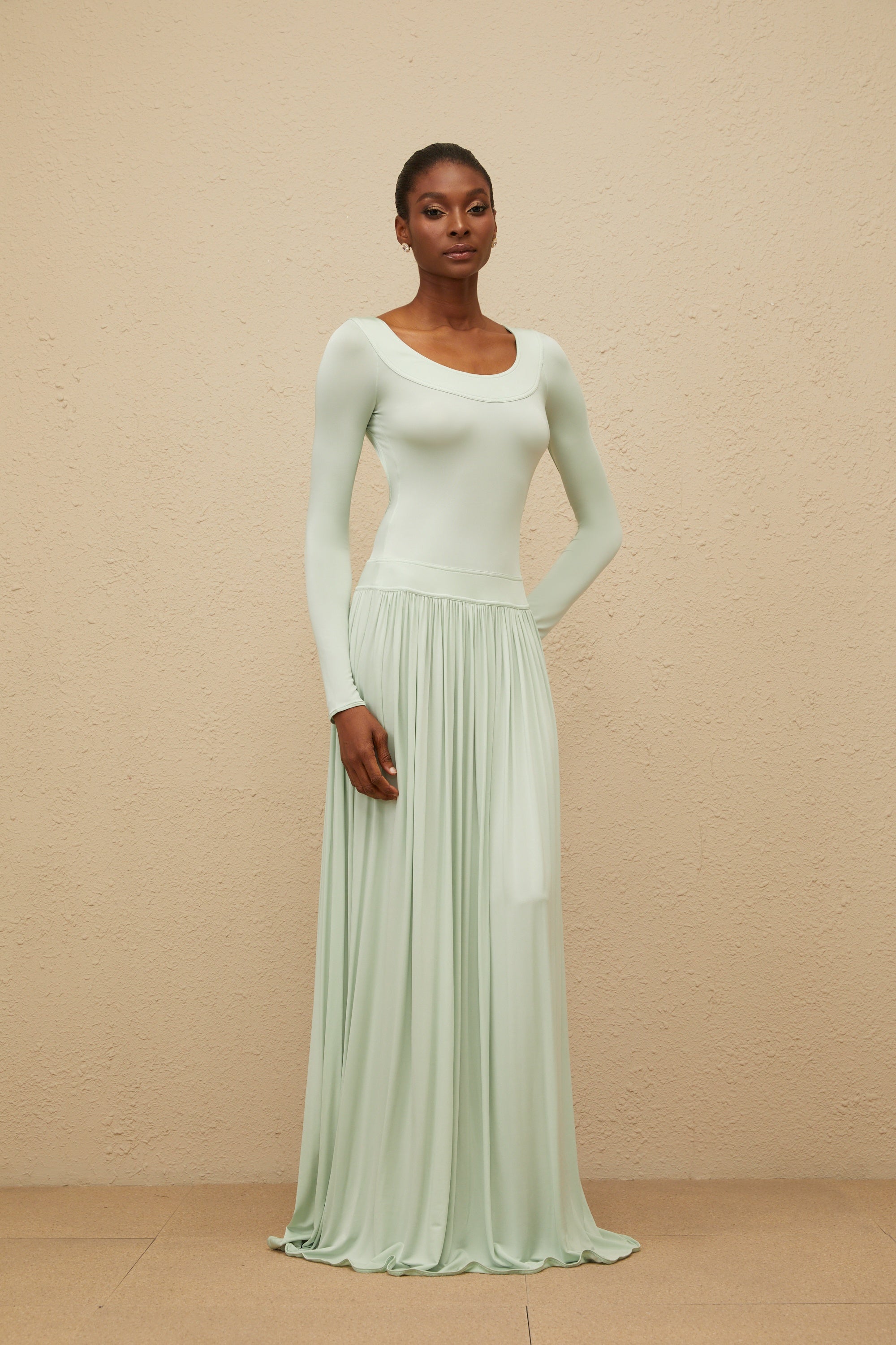 Campagne Green Open-Back Shirred Maxi Dress