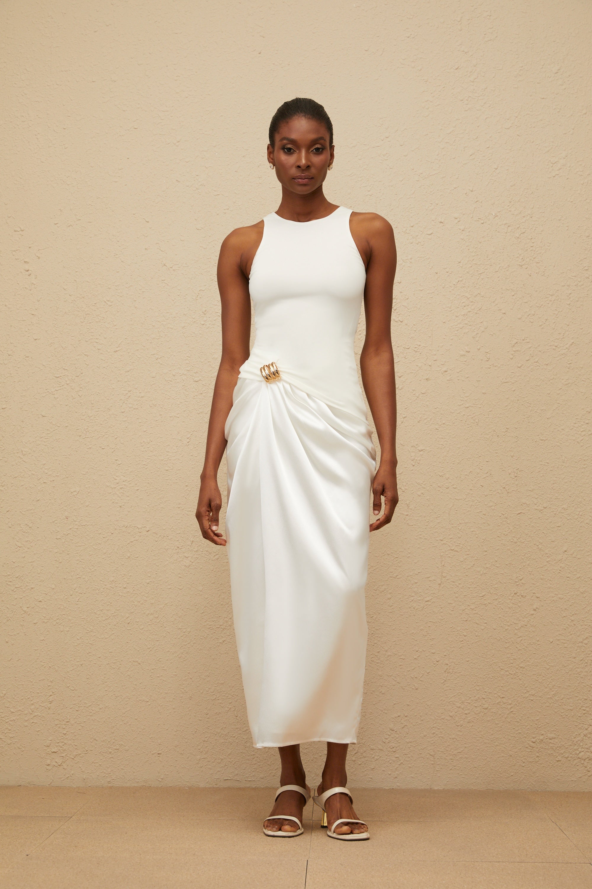 Paloma White Ruched Panel Midi Dress