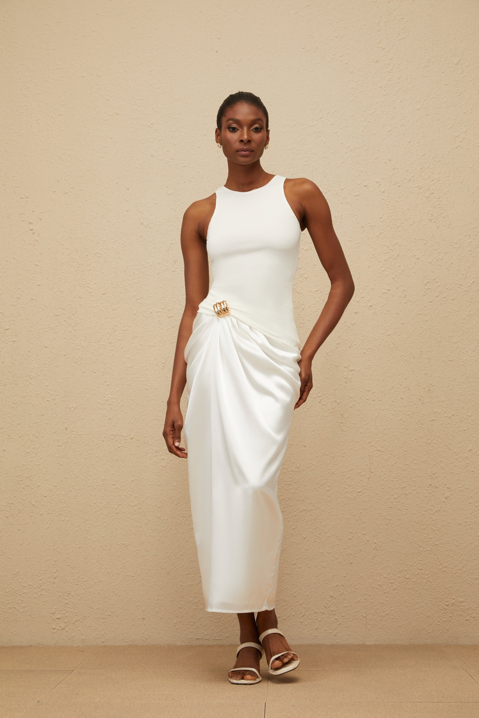 Paloma White Ruched Panel Midi Dress