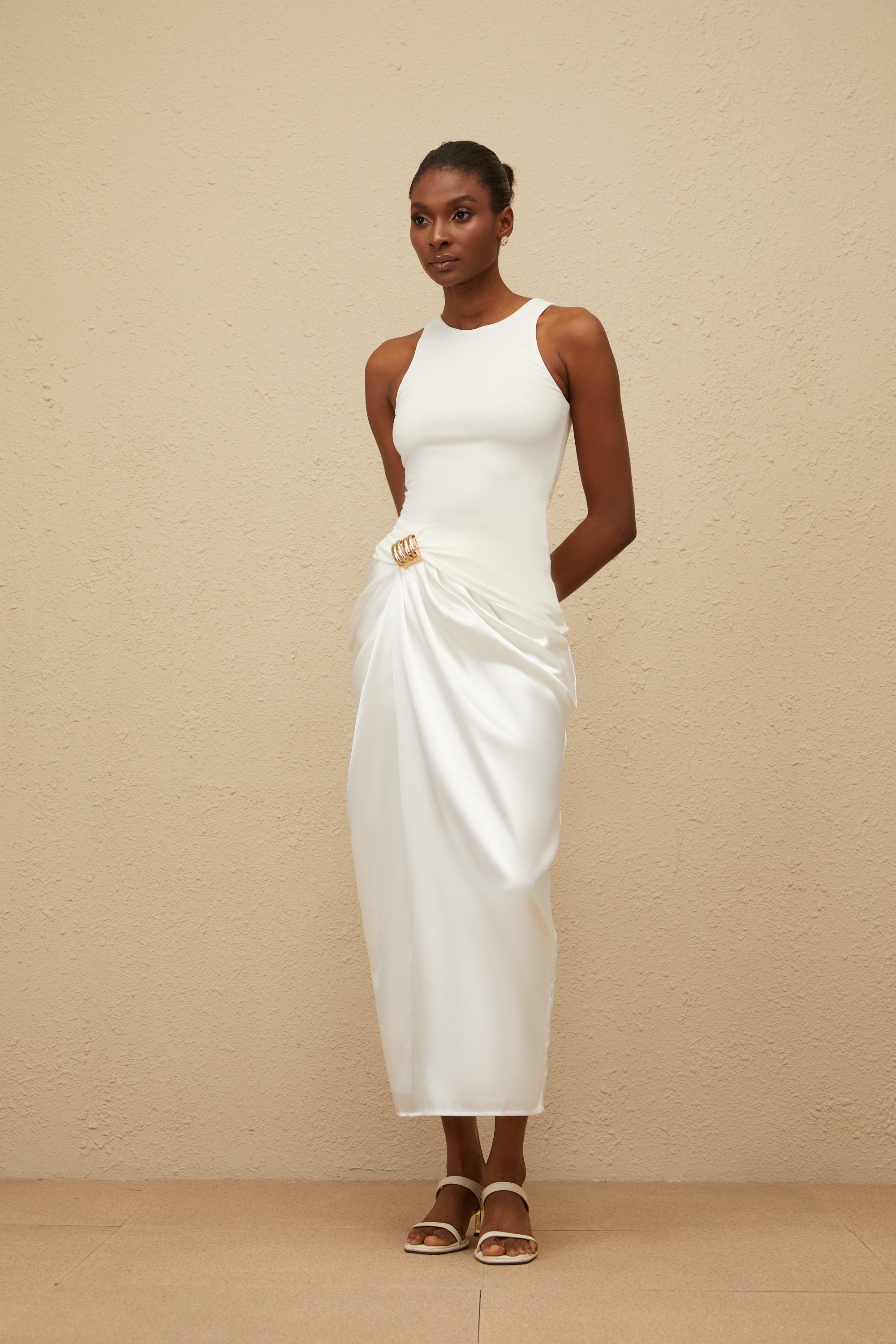 Paloma White Ruched Panel Midi Dress