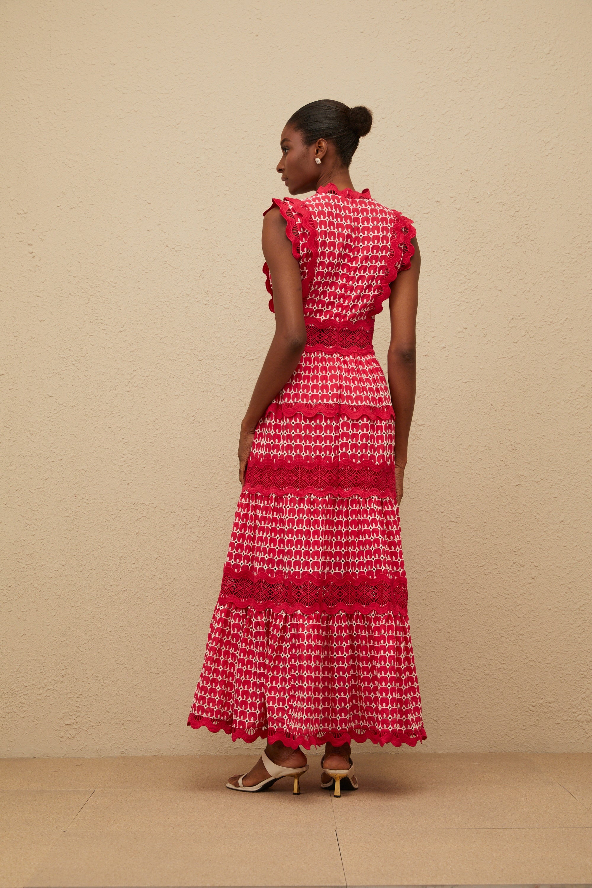 Ténébreuse Red Scalloped Lace Panel Maxi Dress