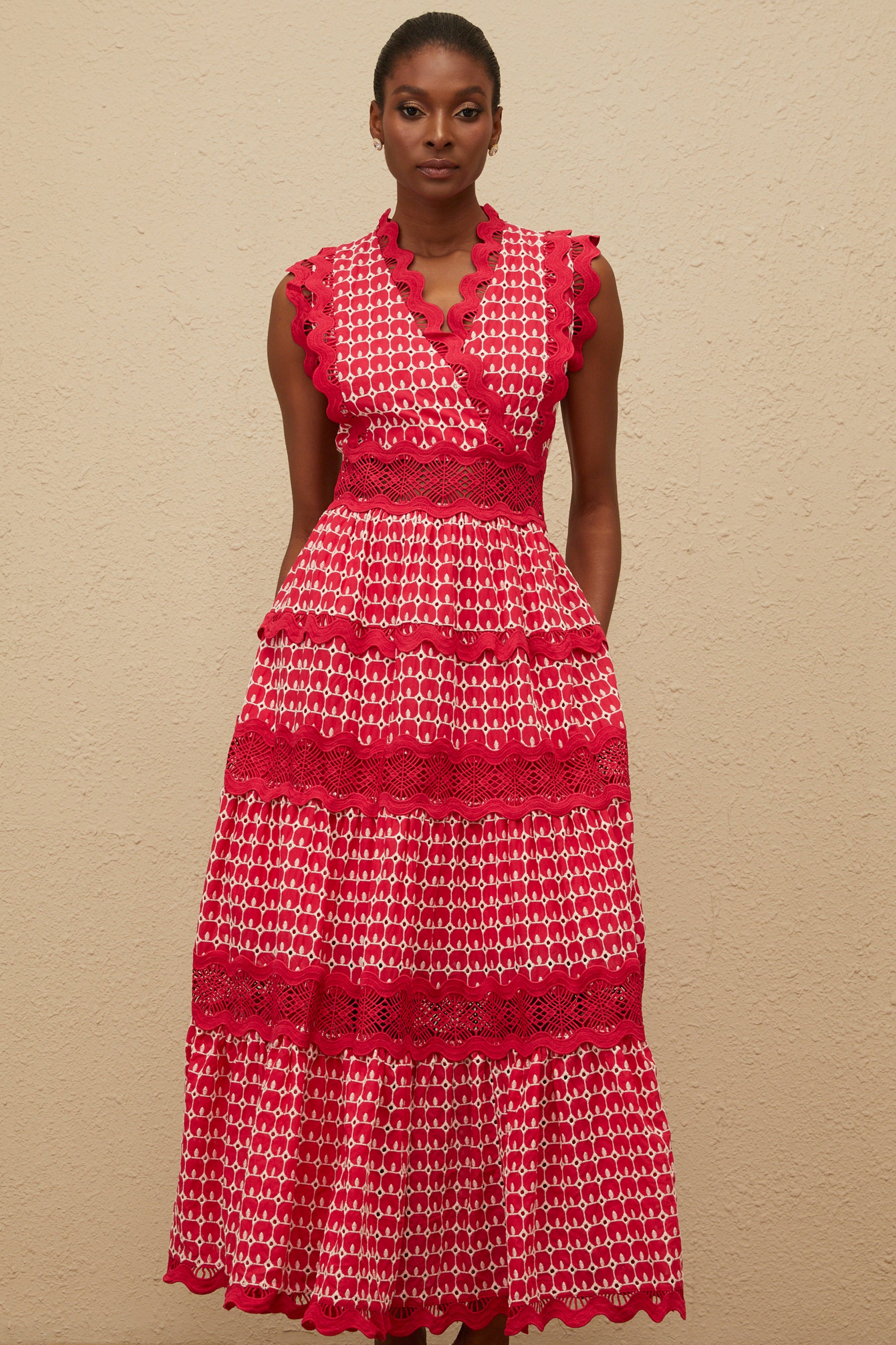 Ténébreuse Red Scalloped Lace Panel Maxi Dress