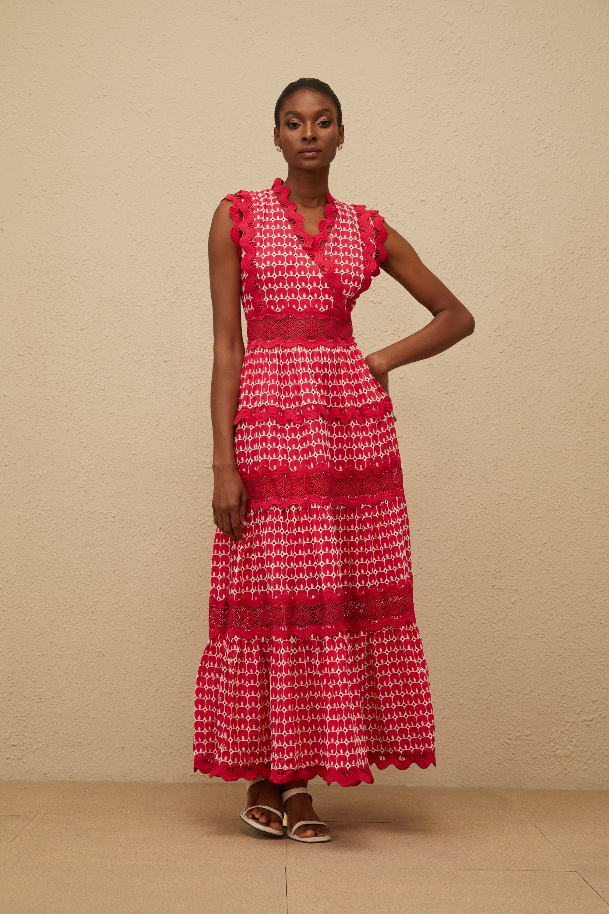 Ténébreuse Red Scalloped Lace Panel Maxi Dress