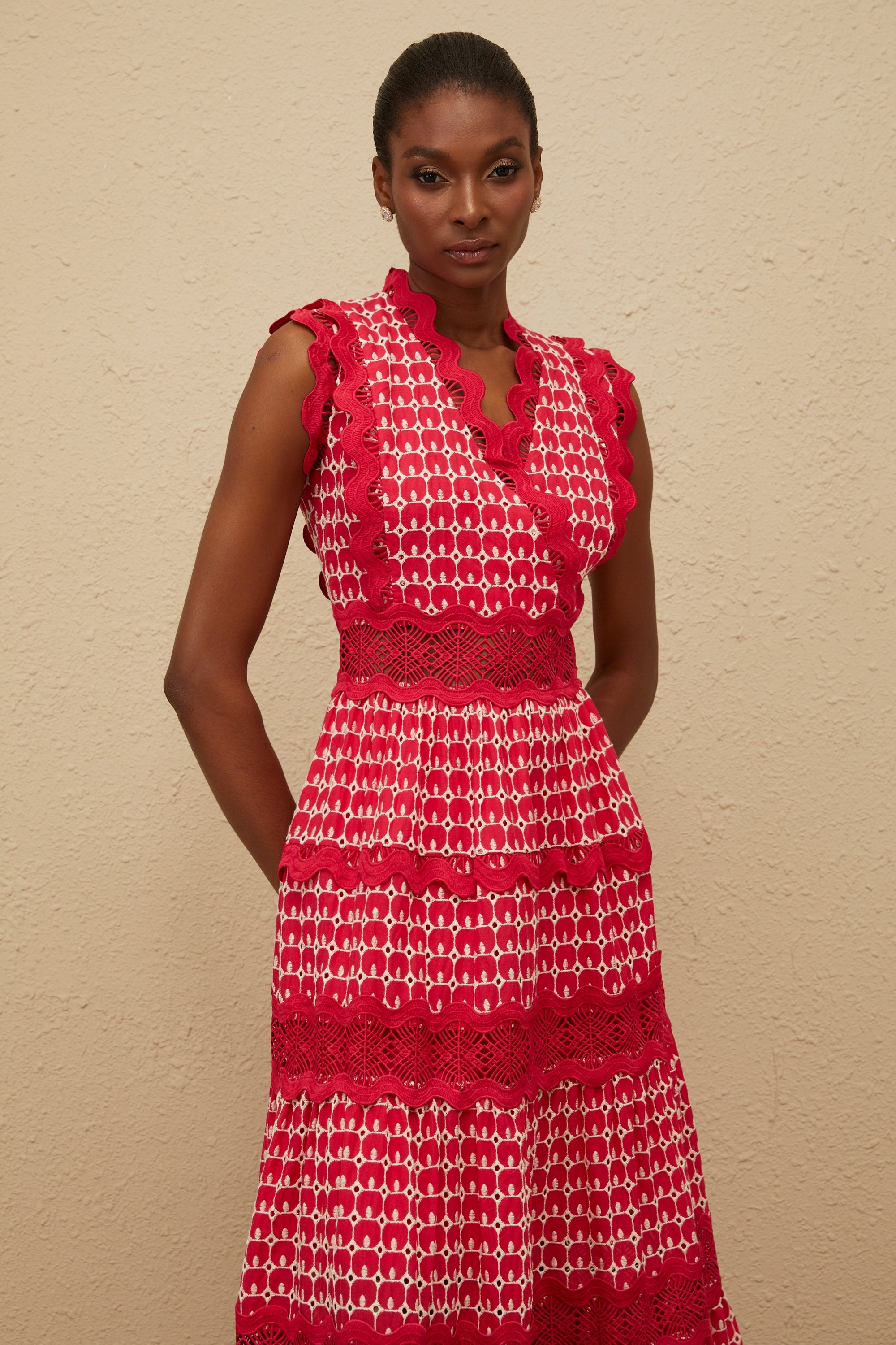 Ténébreuse Red Scalloped Lace Panel Maxi Dress