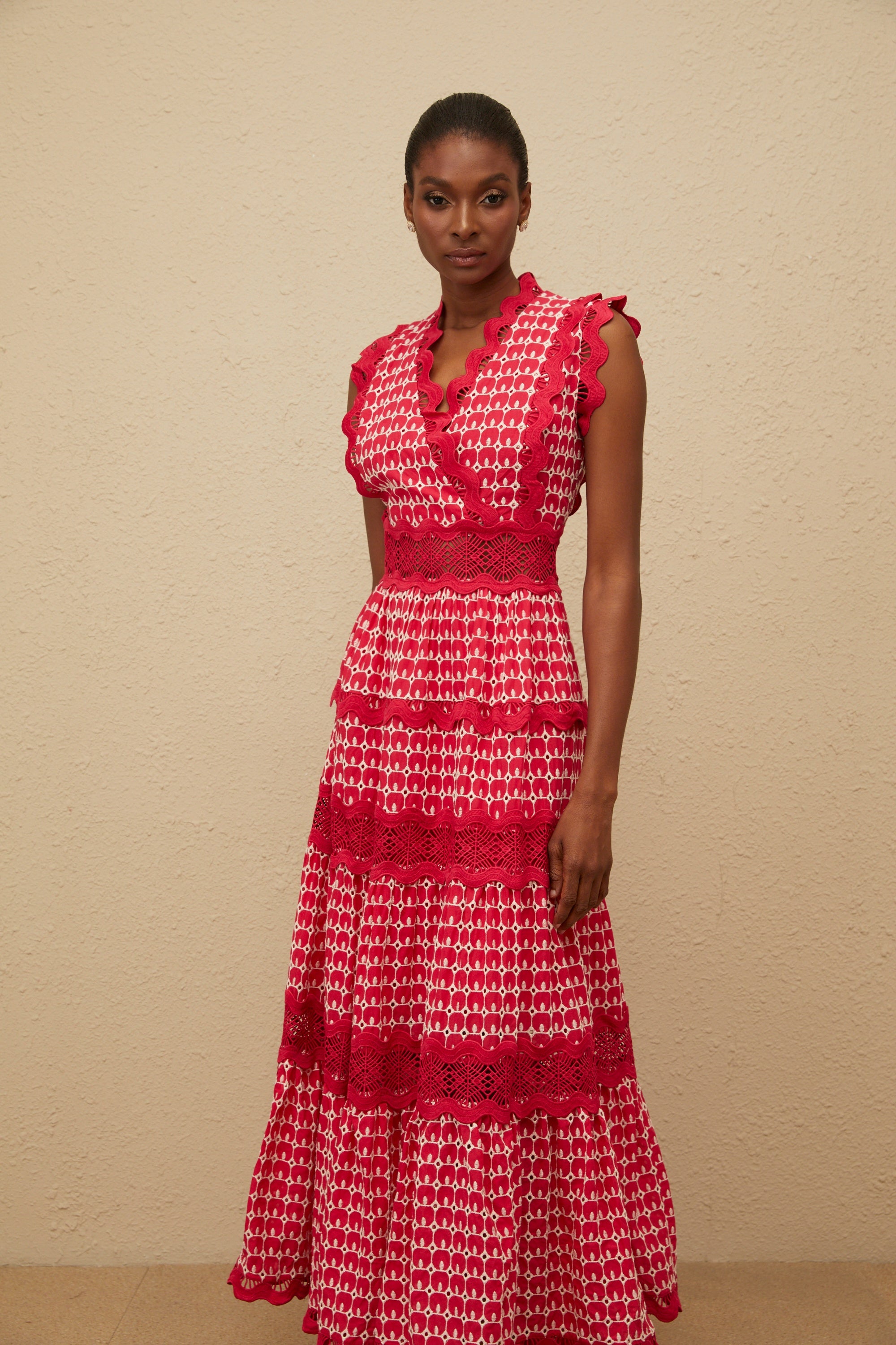 Ténébreuse Red Scalloped Lace Panel Maxi Dress