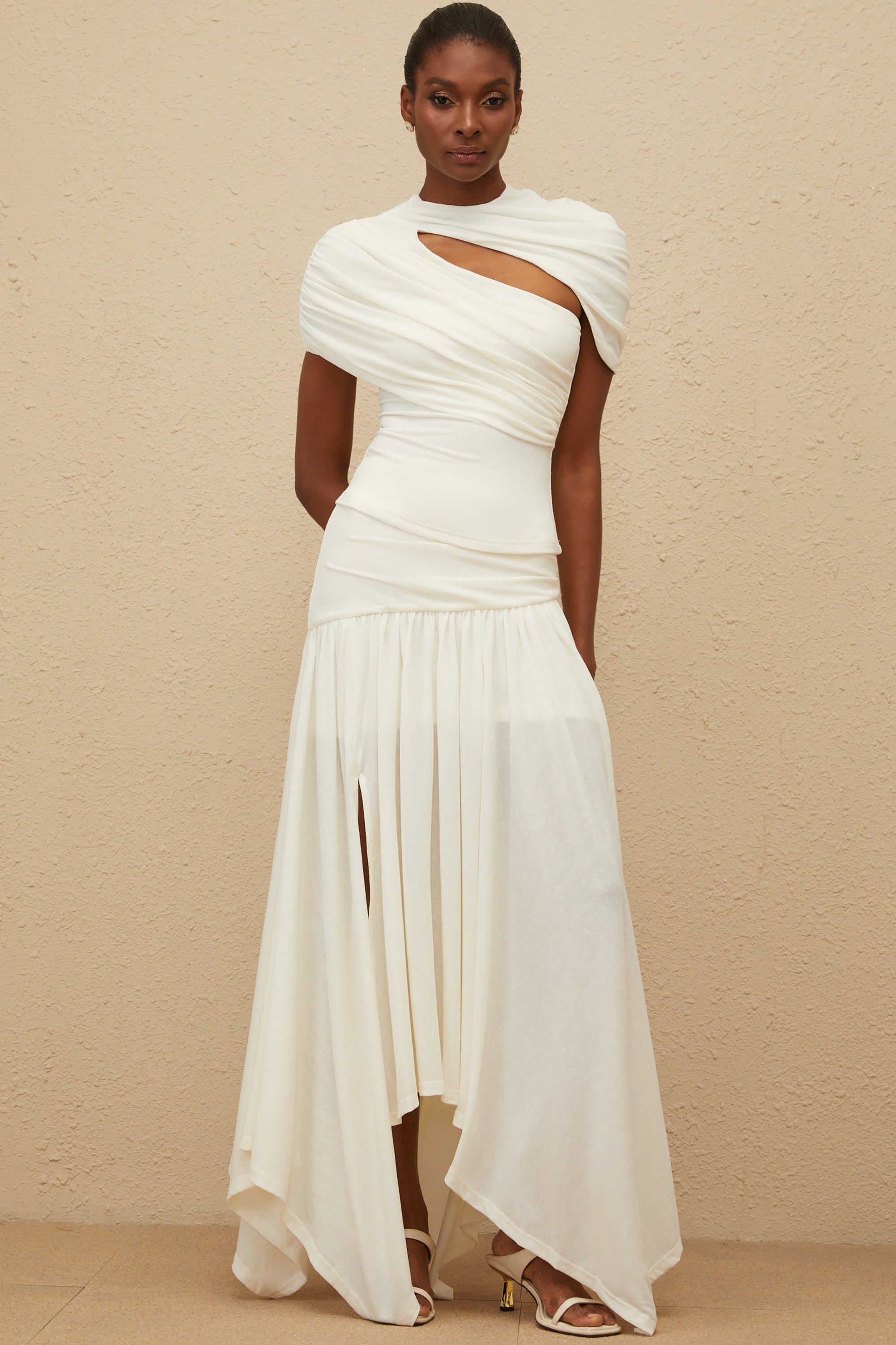 Velours White Asymmetrical Top & Skirt Set