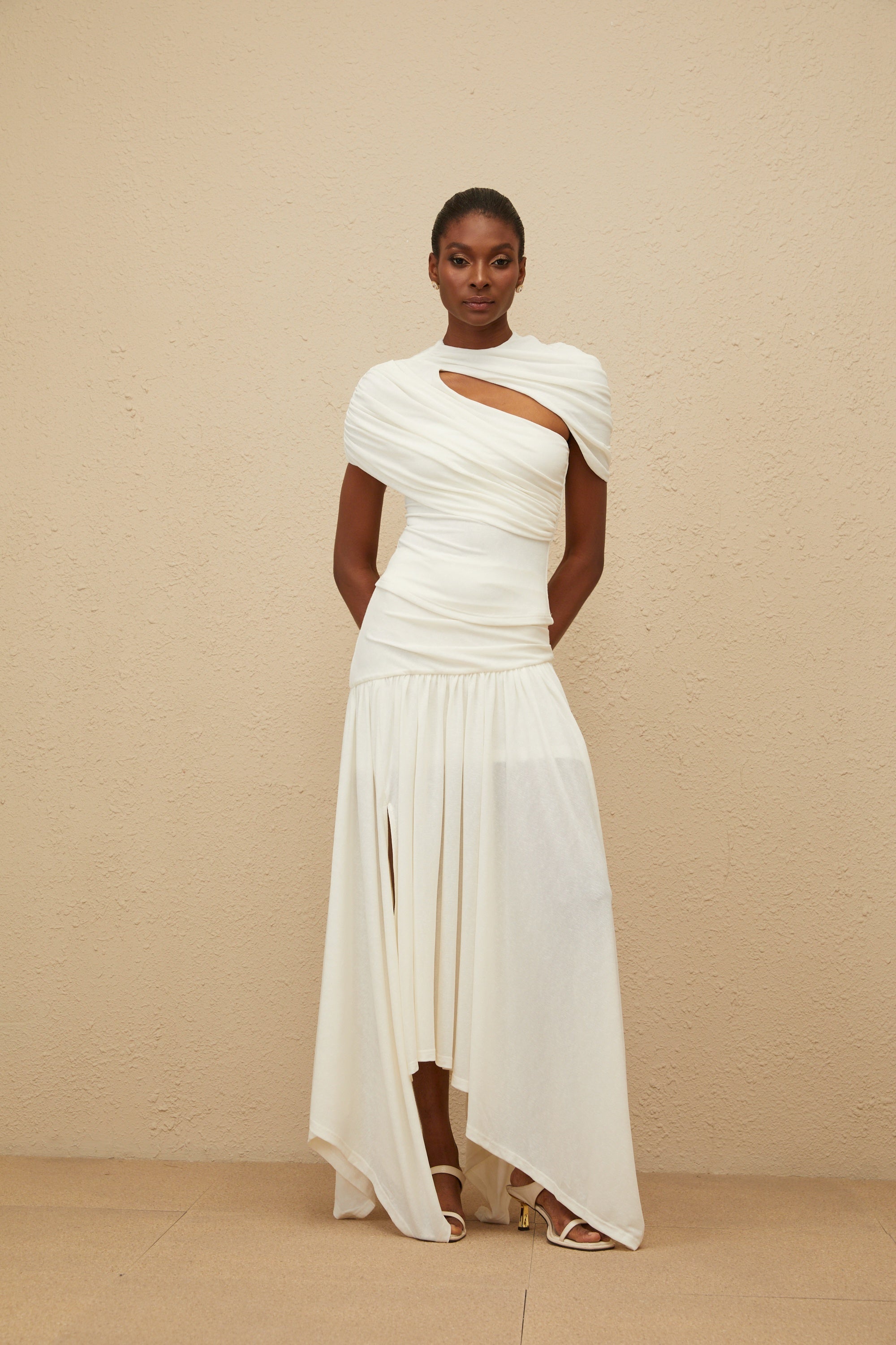 Velours White Asymmetrical Top & Skirt Set