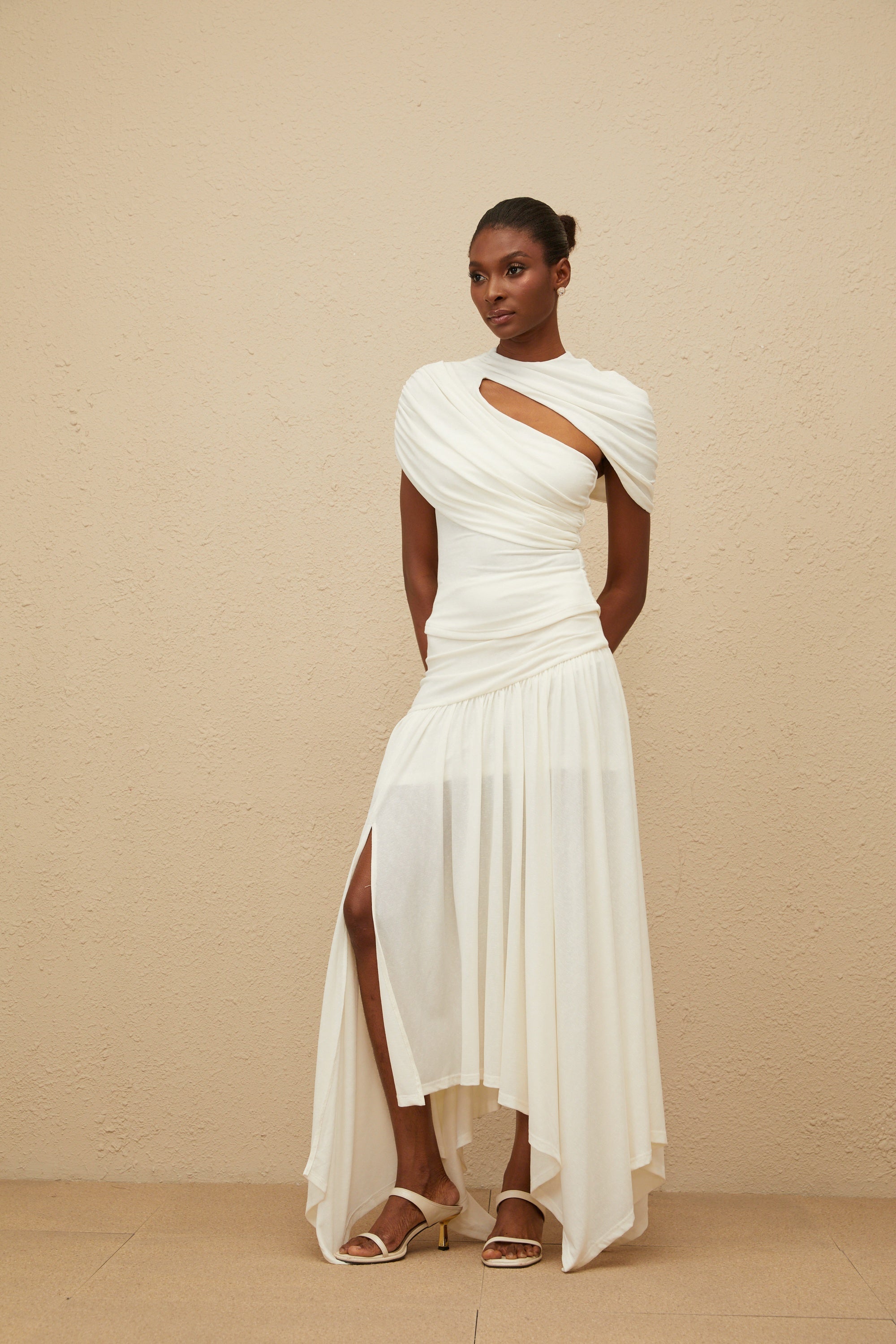 Velours White Asymmetrical Top & Skirt Set