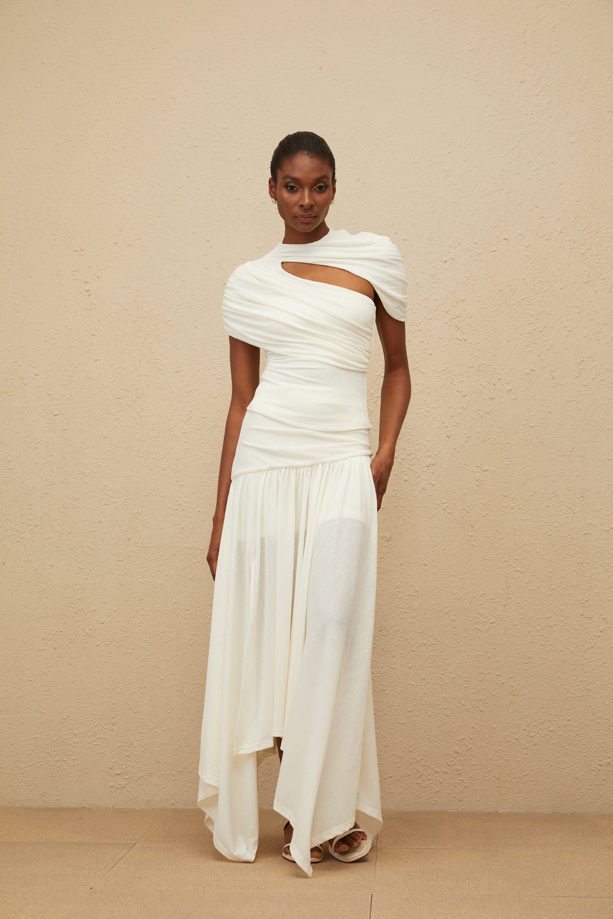 Velours White Asymmetrical Top & Skirt Set