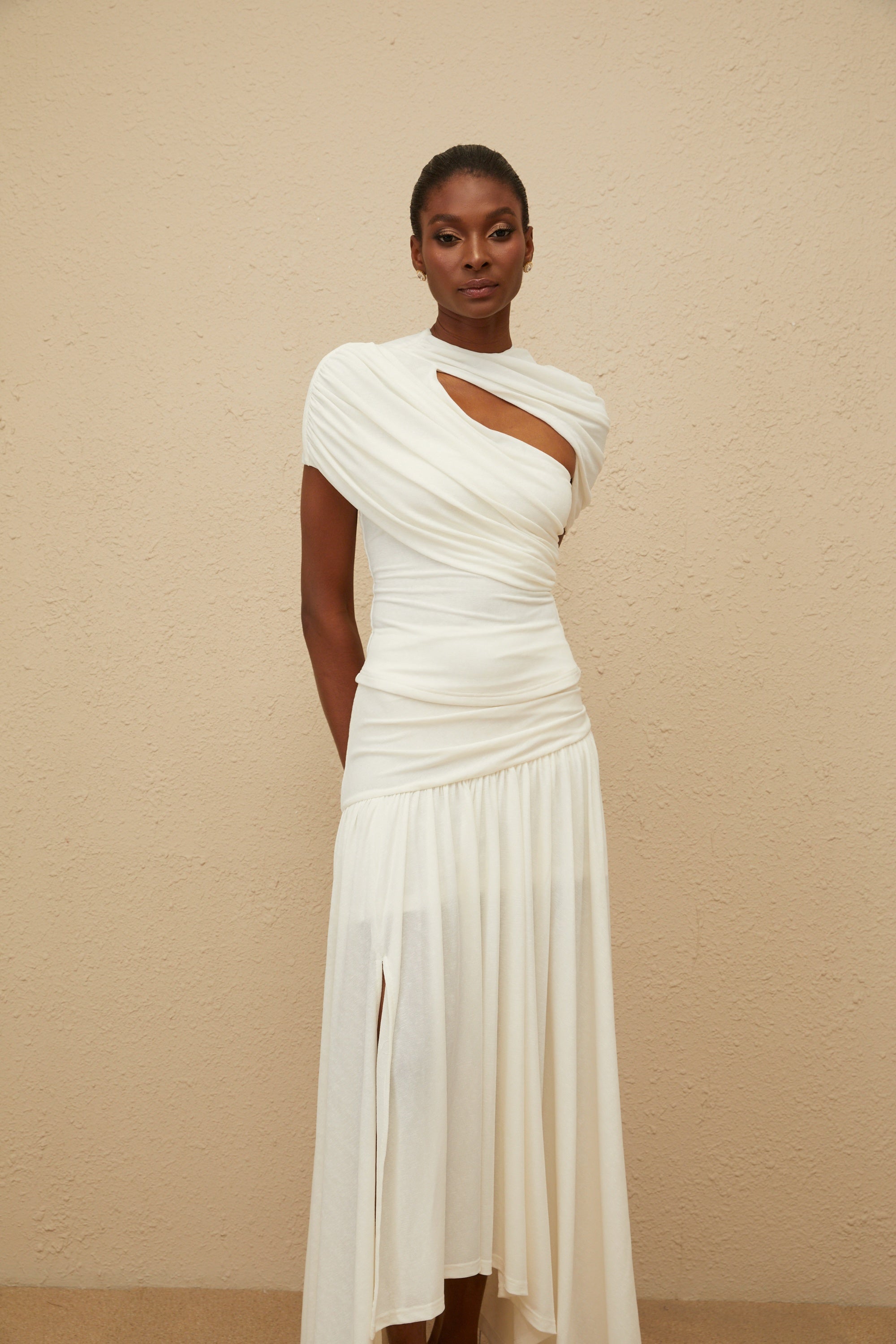 Velours White Asymmetrical Top & Skirt Set