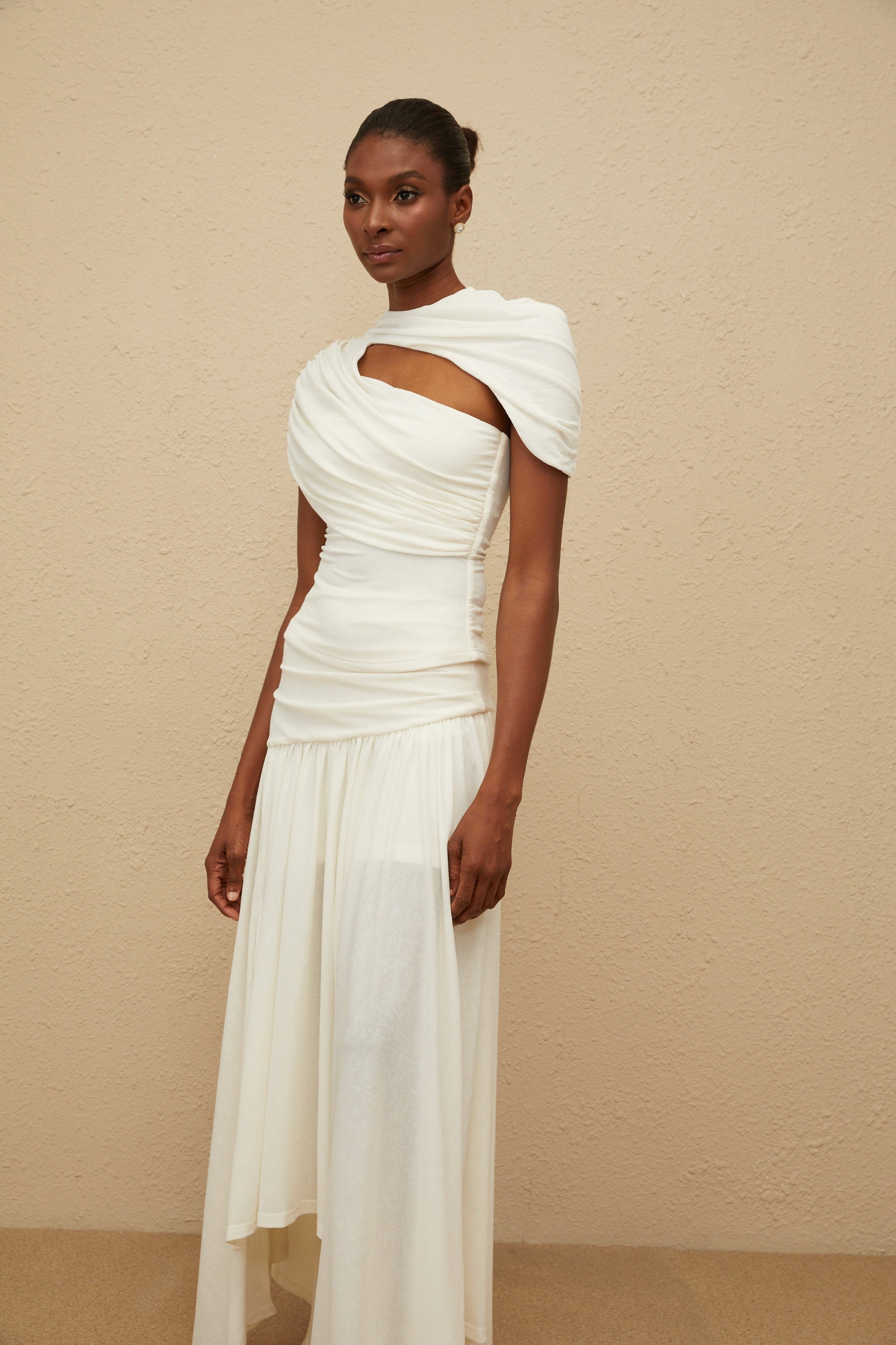 Velours White Asymmetrical Top & Skirt Set