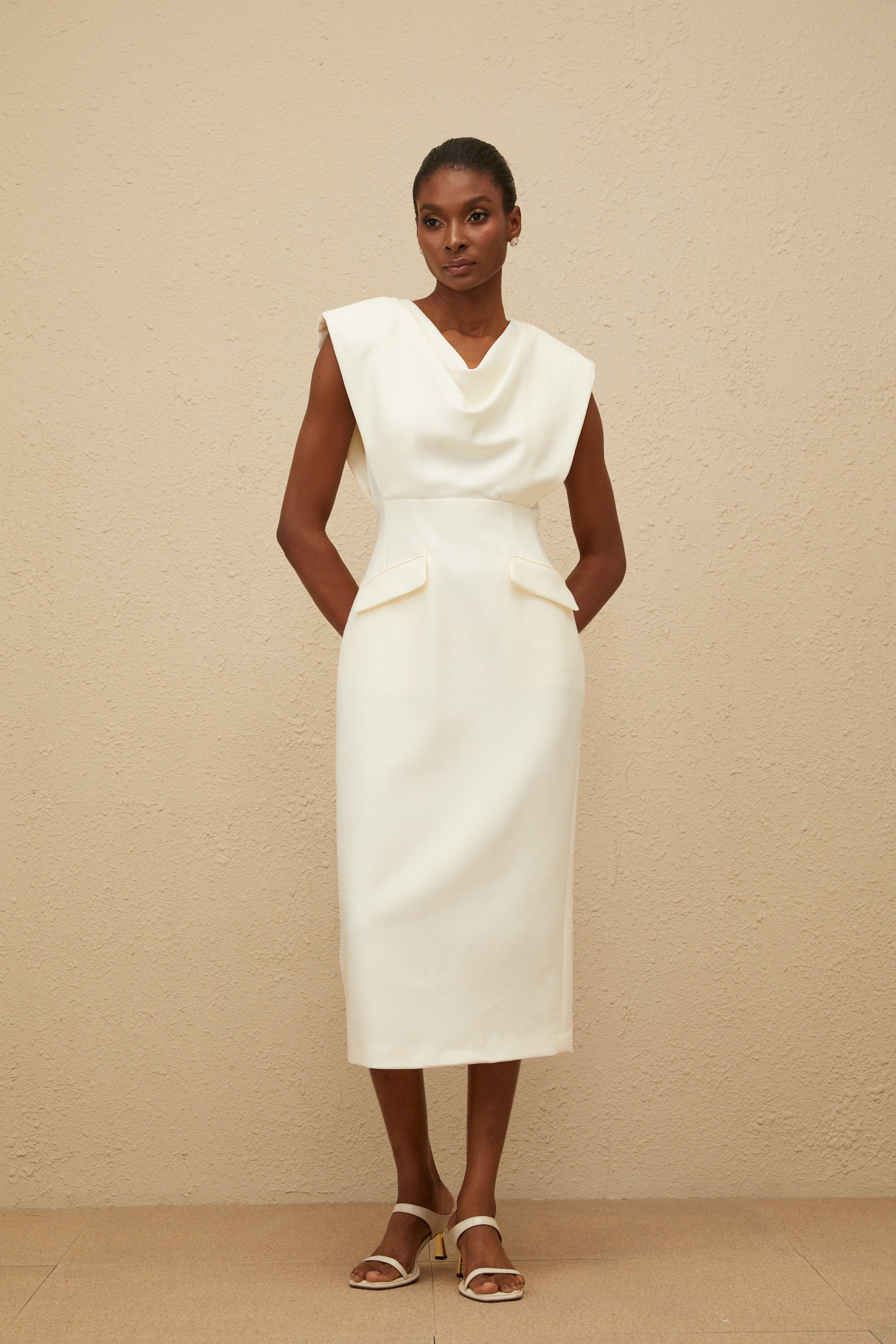 Ondine White Cowl-Neck Pencil Midi Dress