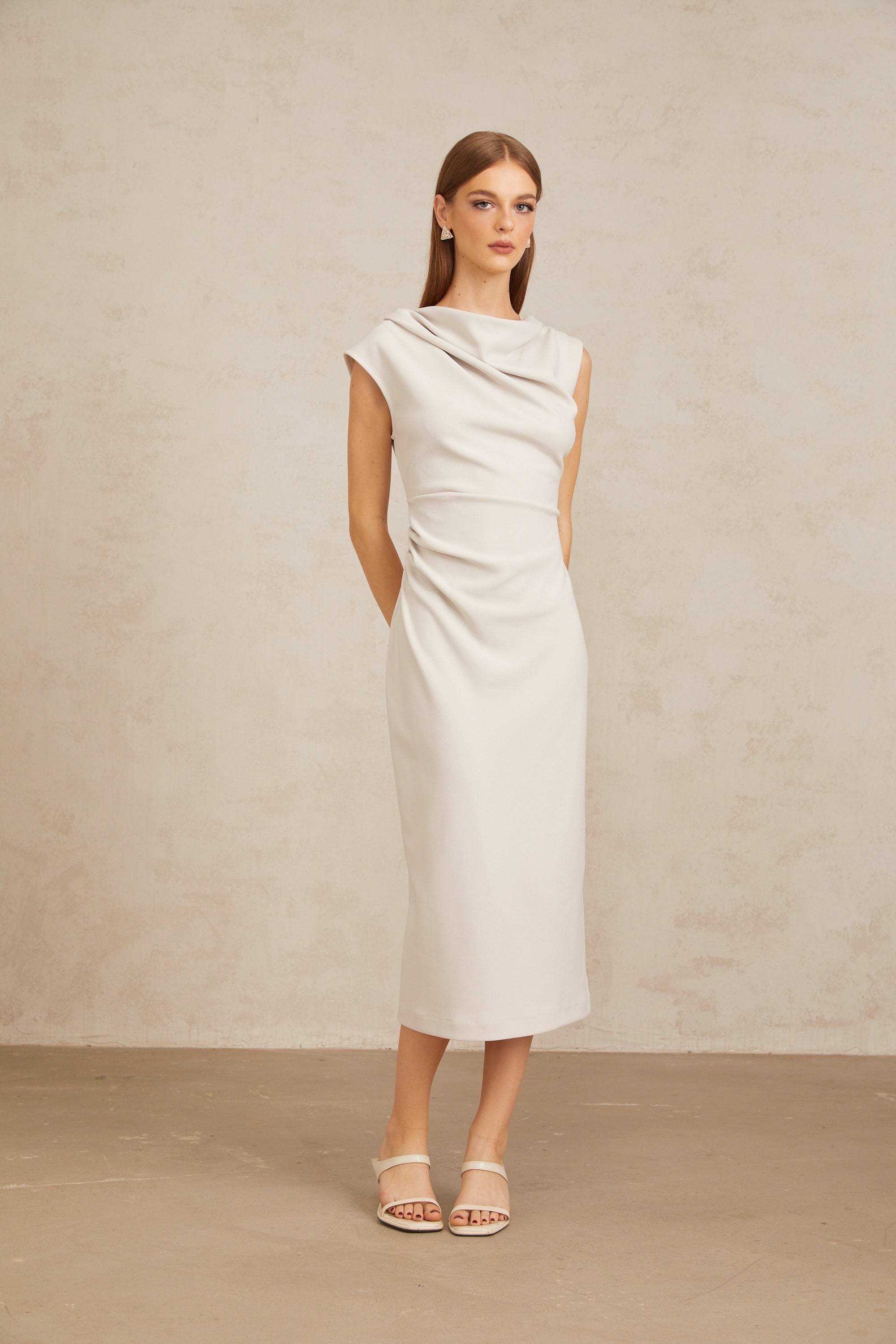 Jeanne Grey Ruched Pencil Midi Dress