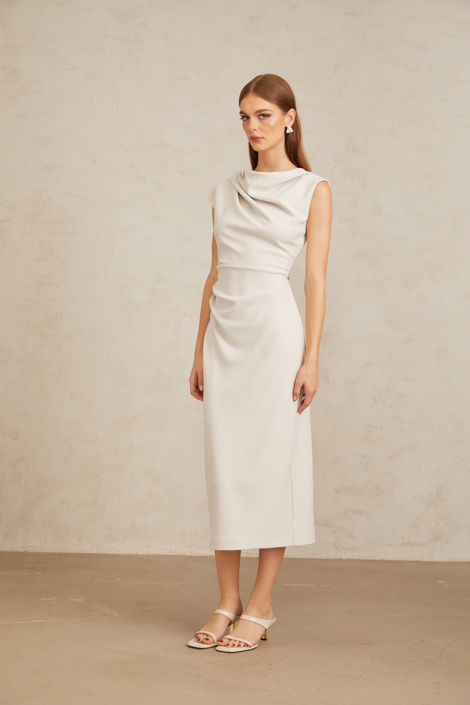 Jeanne Grey Ruched Pencil Midi Dress