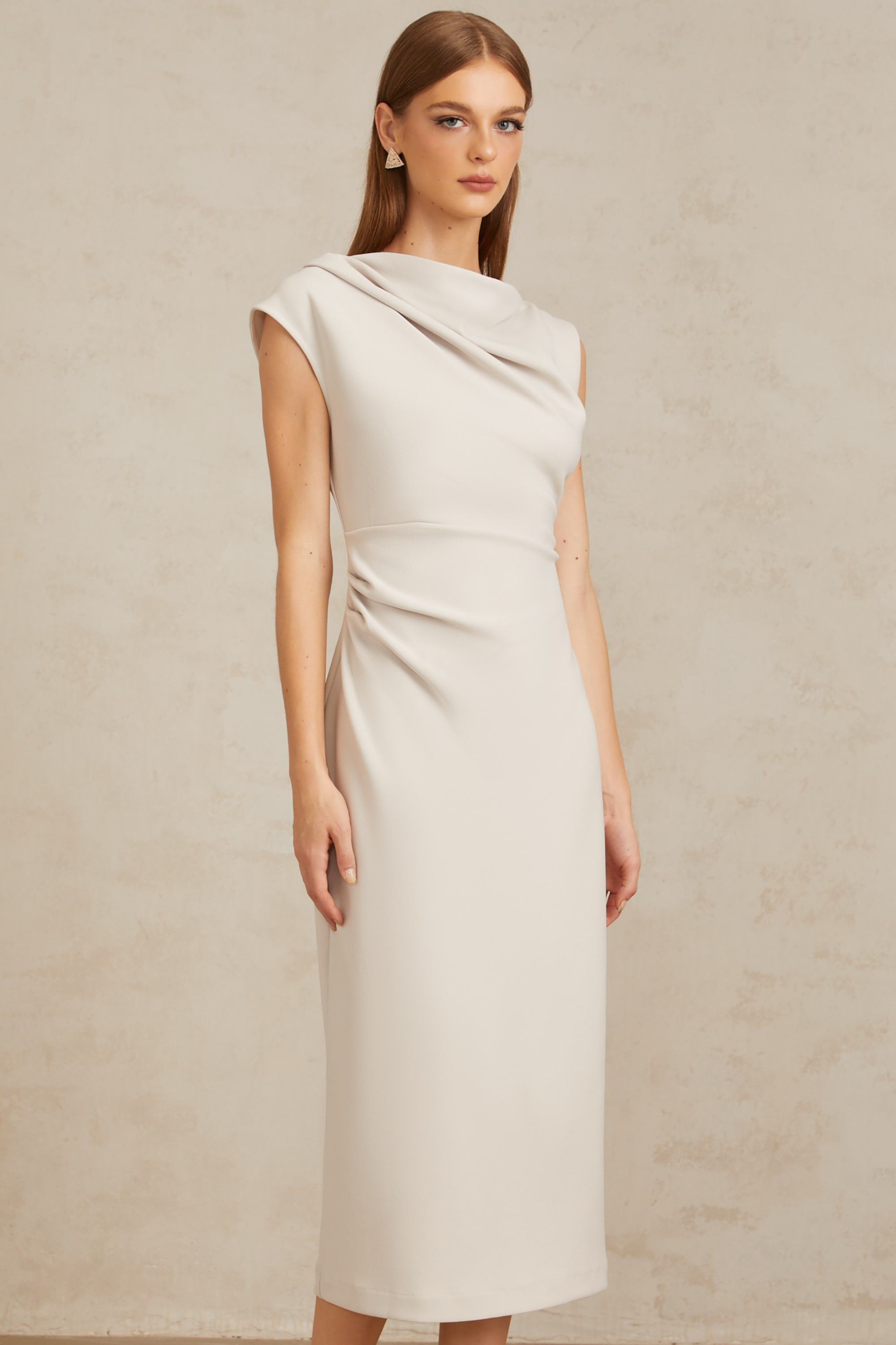 Jeanne Grey Ruched Pencil Midi Dress