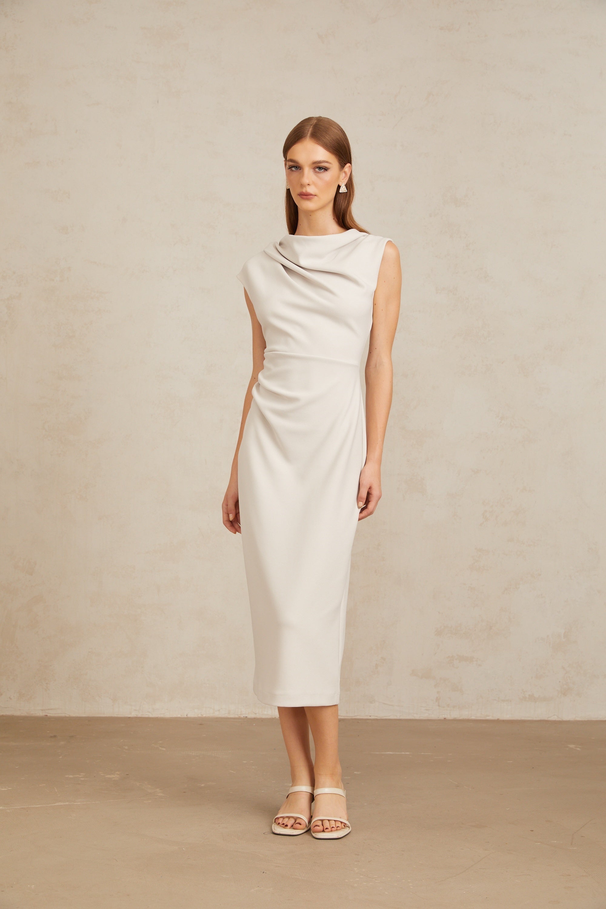 Jeanne Grey Ruched Pencil Midi Dress