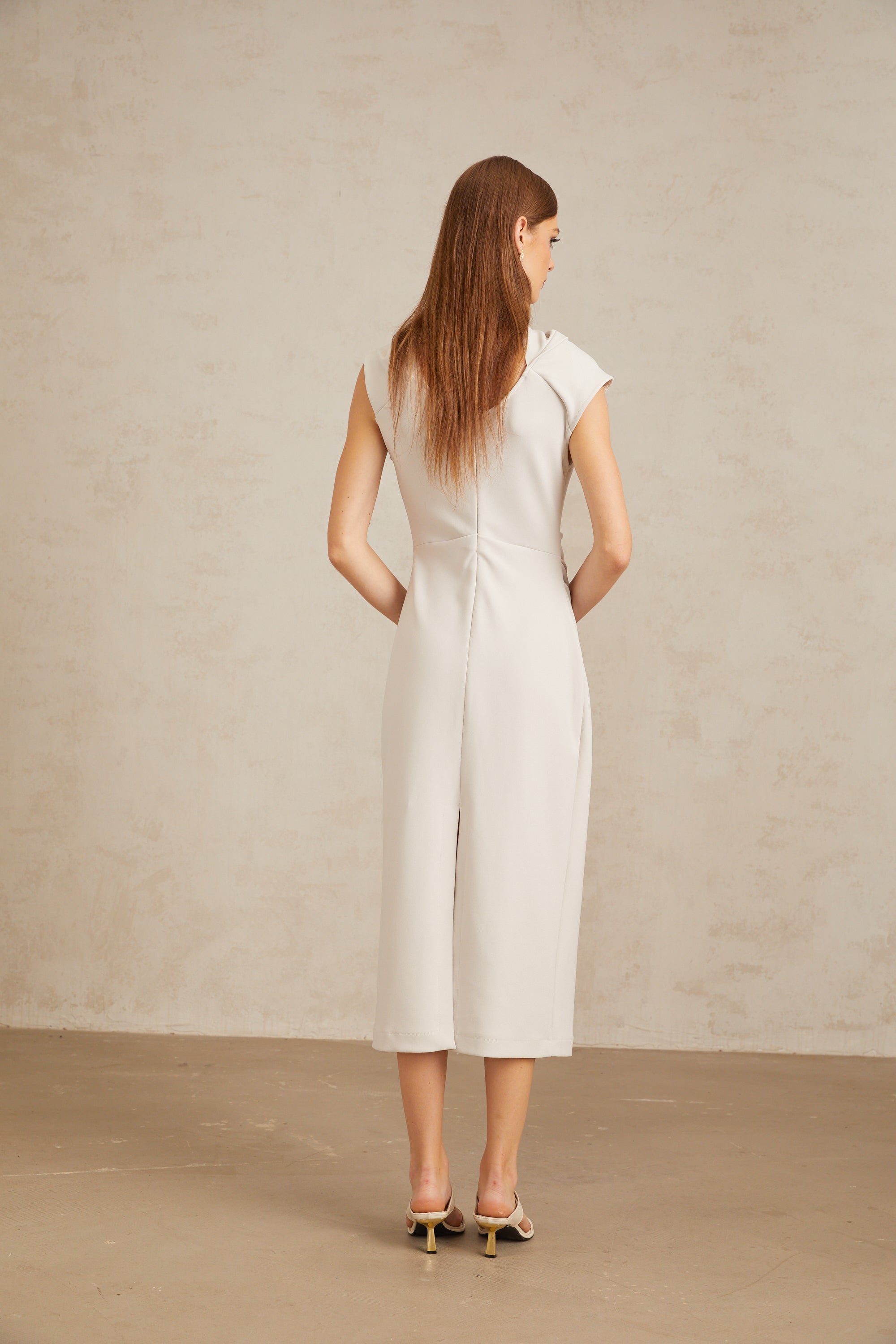 Jeanne Grey Ruched Pencil Midi Dress