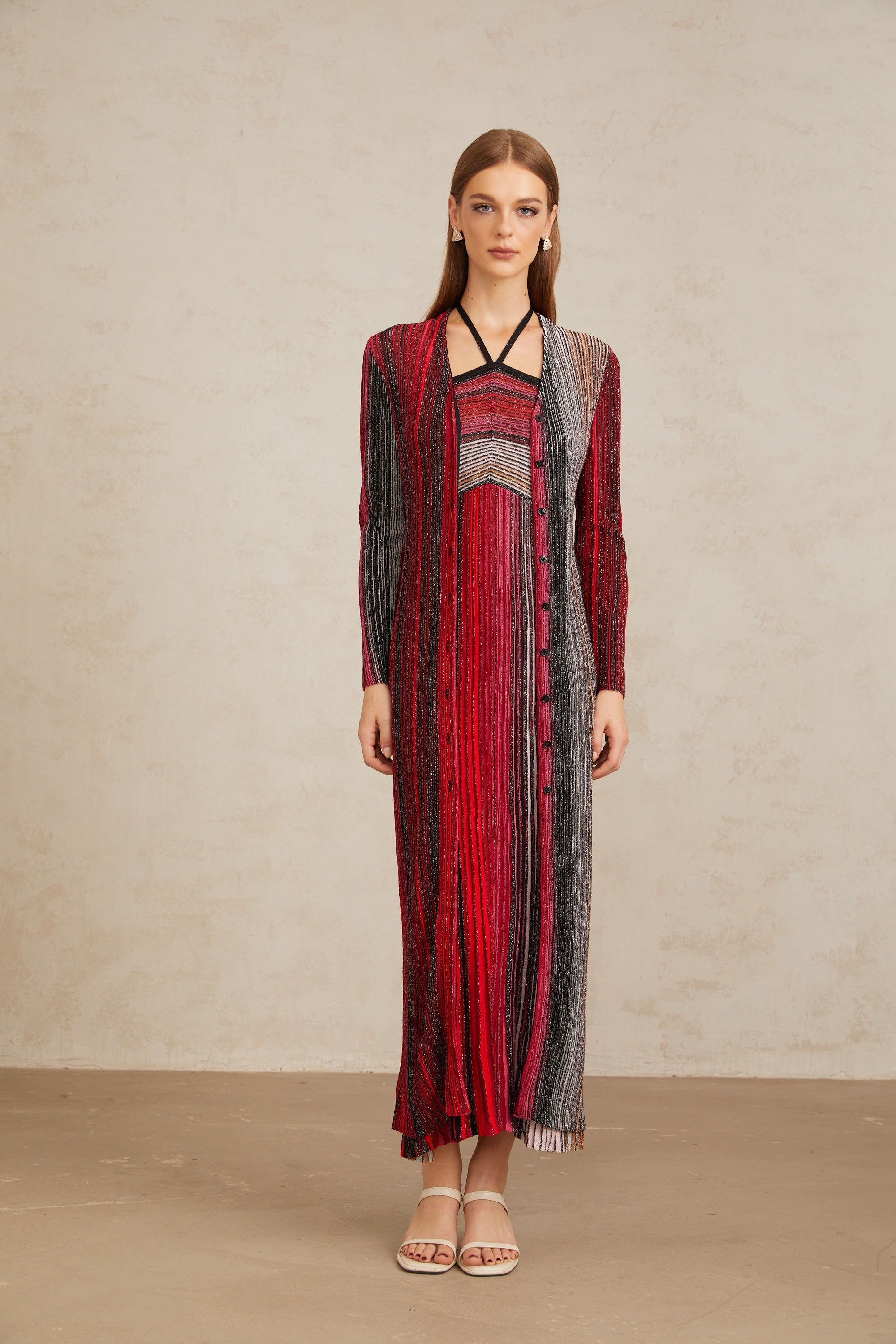 Langer Strickcardigan „Ulysse“ in Rot-Metallic (Endverkauf)