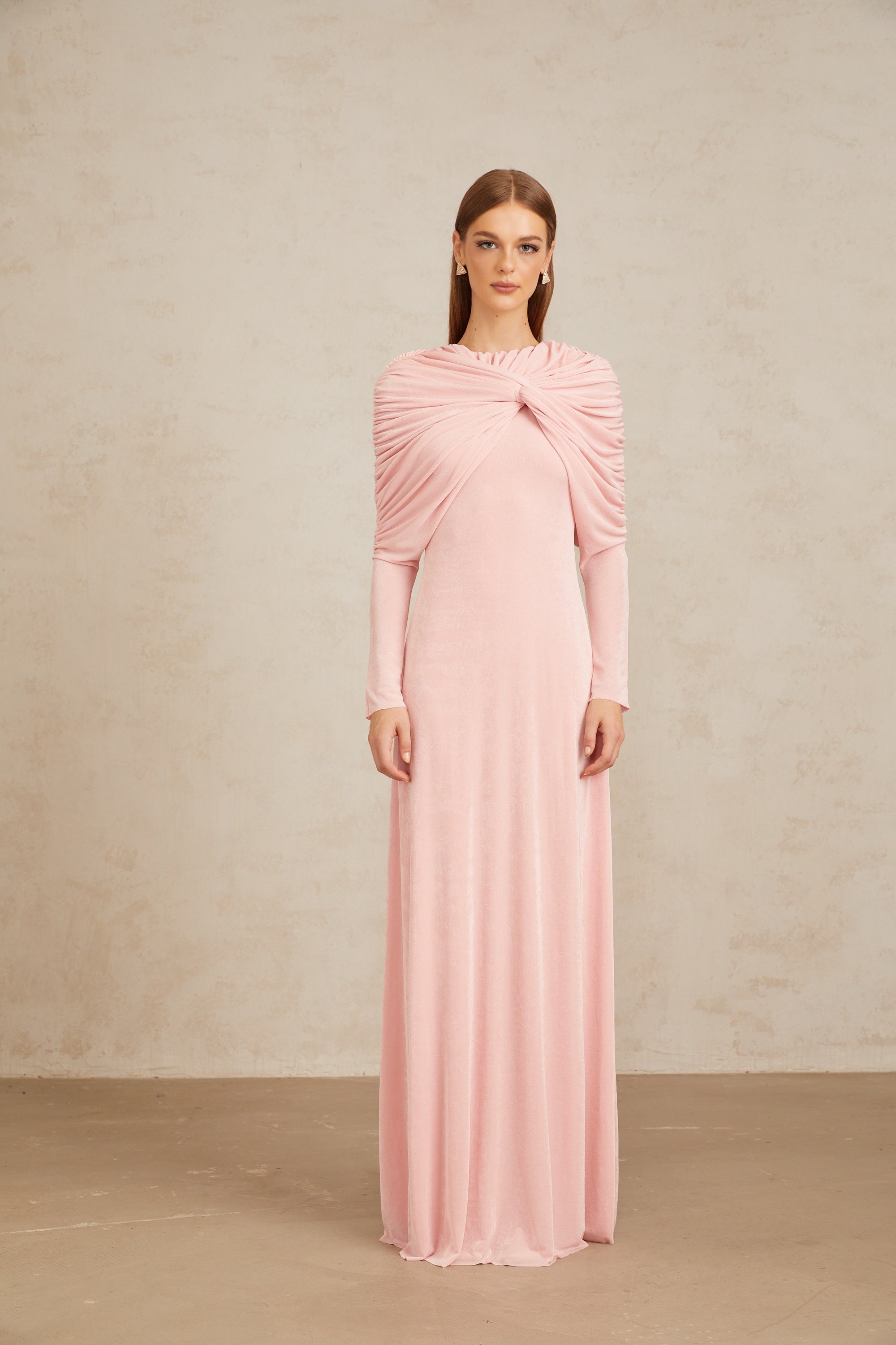 Moderne Pink Shawl Panel Ruched Maxi Dress