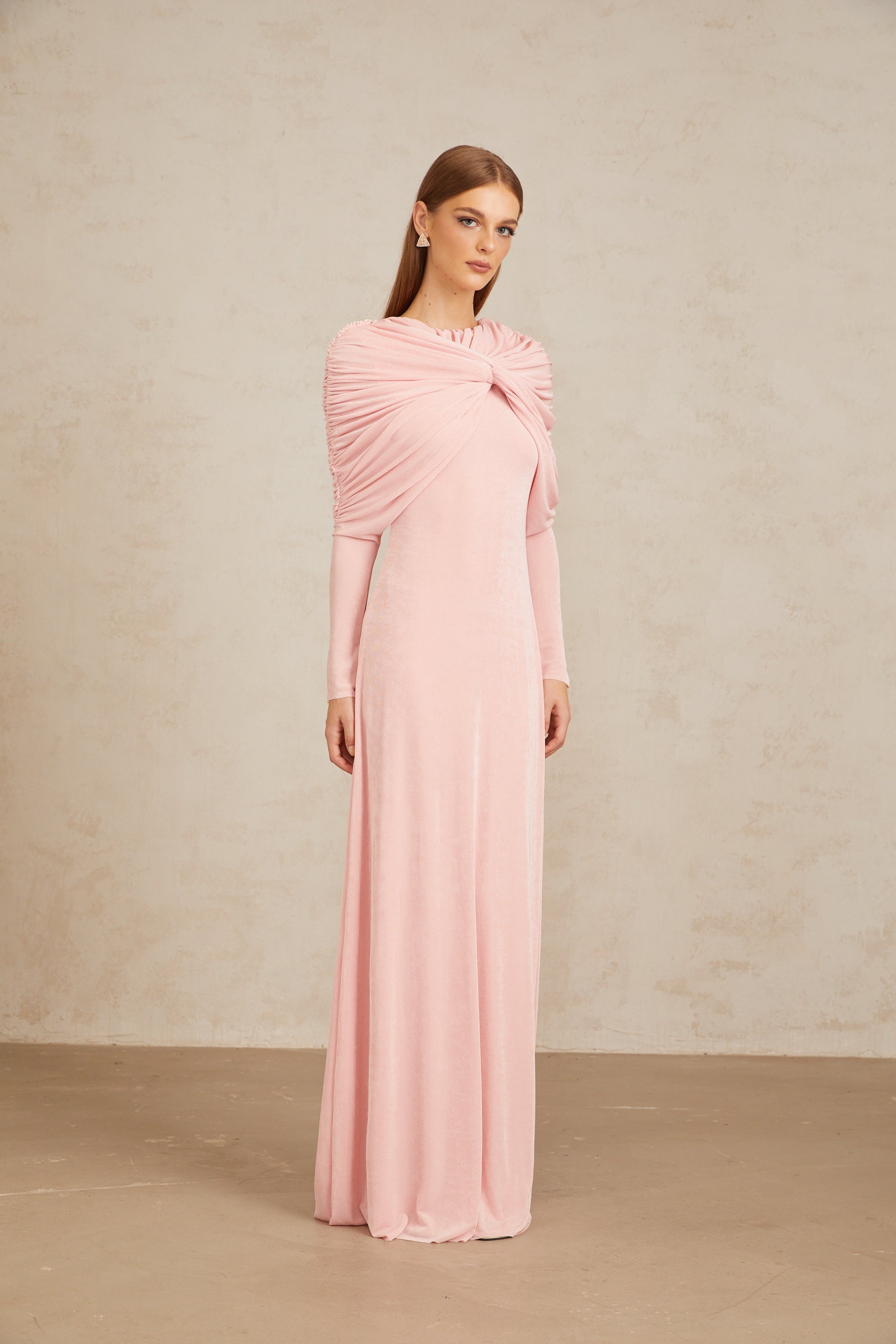 Moderne Pink Shawl Panel Ruched Maxi Dress