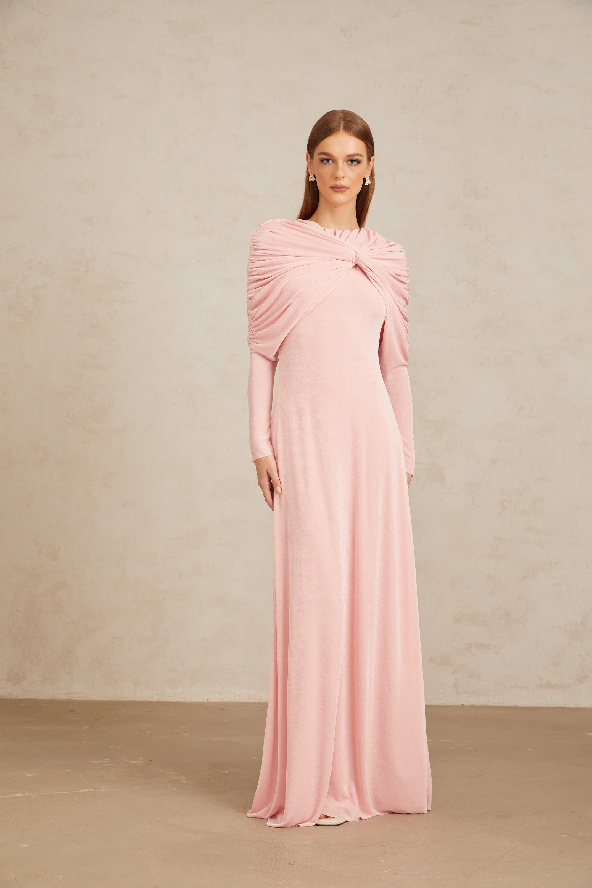 Moderne Pink Shawl Panel Ruched Maxi Dress