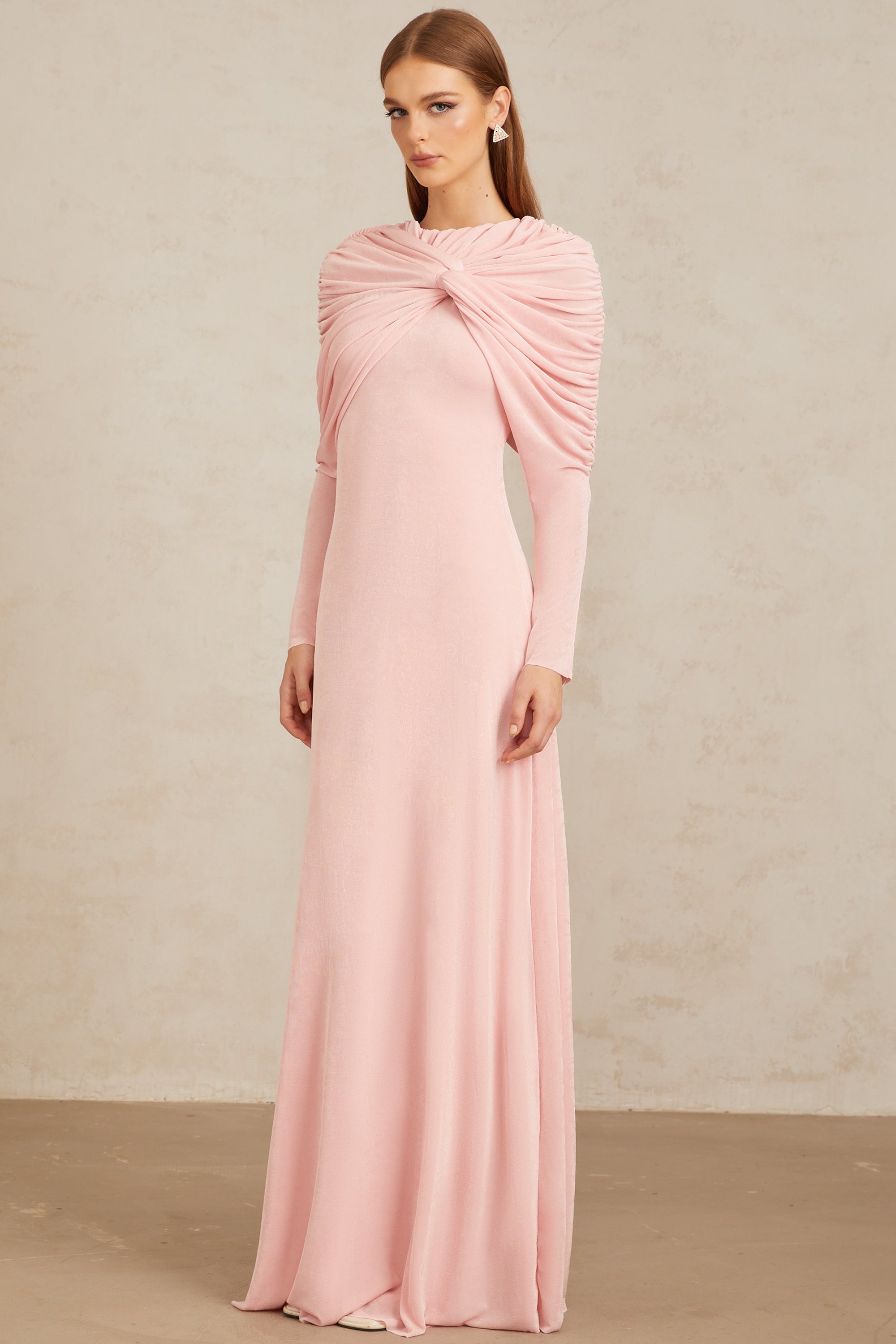 Moderne Pink Shawl Panel Ruched Maxi Dress