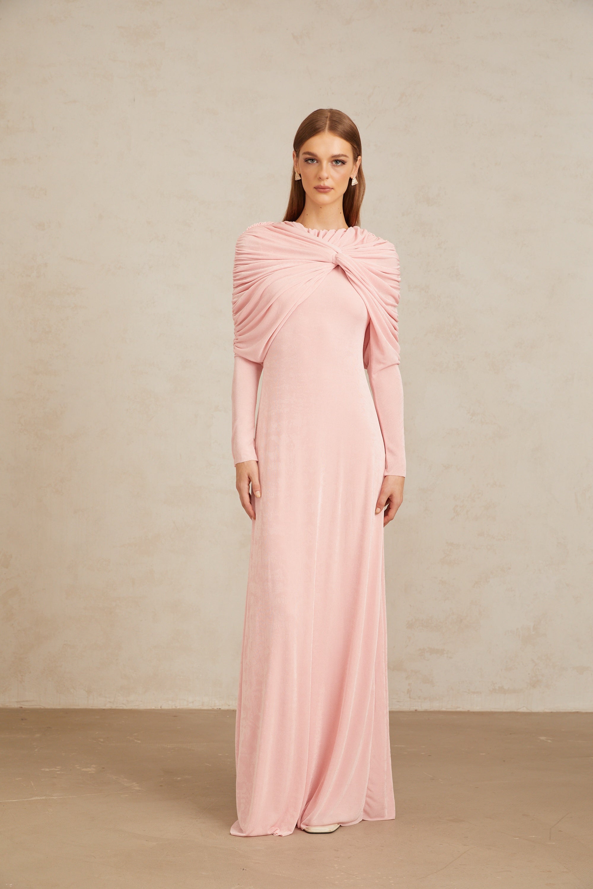 Moderne Pink Shawl Panel Ruched Maxi Dress