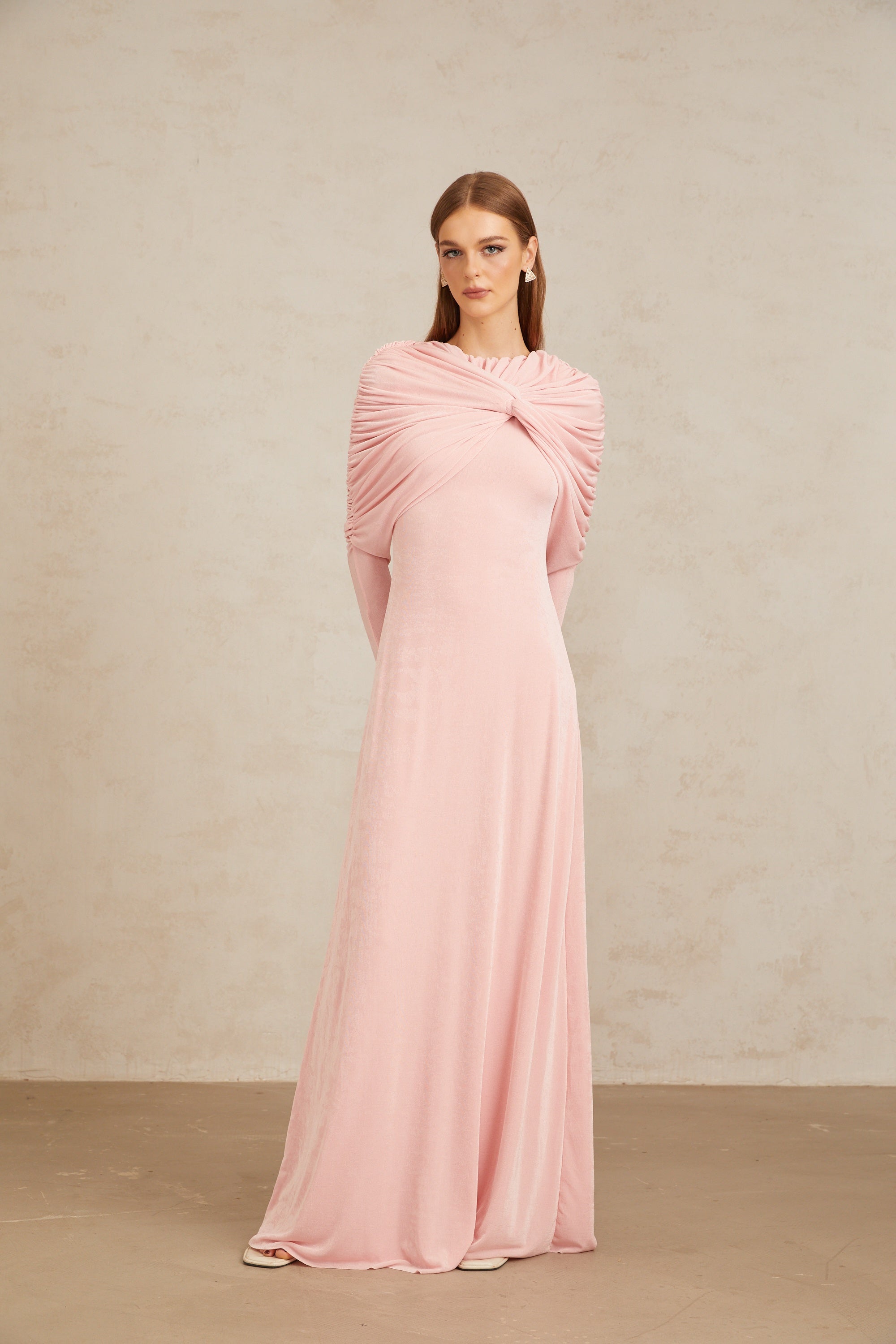 Moderne Pink Shawl Panel Ruched Maxi Dress