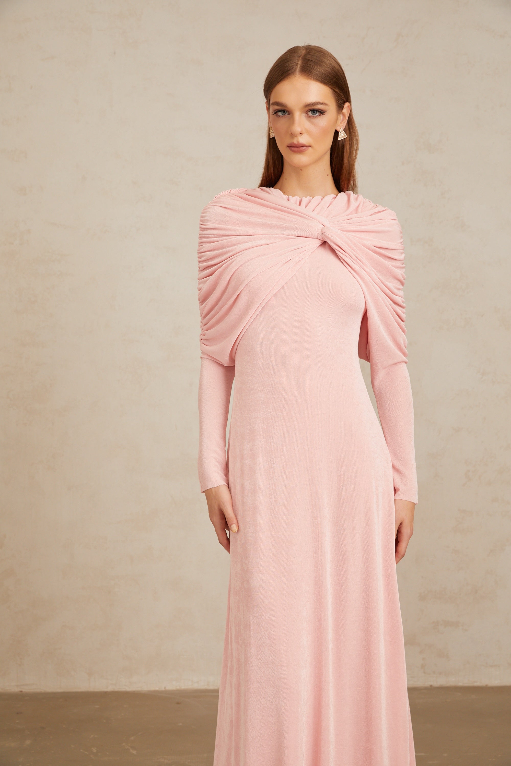 Moderne Pink Shawl Panel Ruched Maxi Dress
