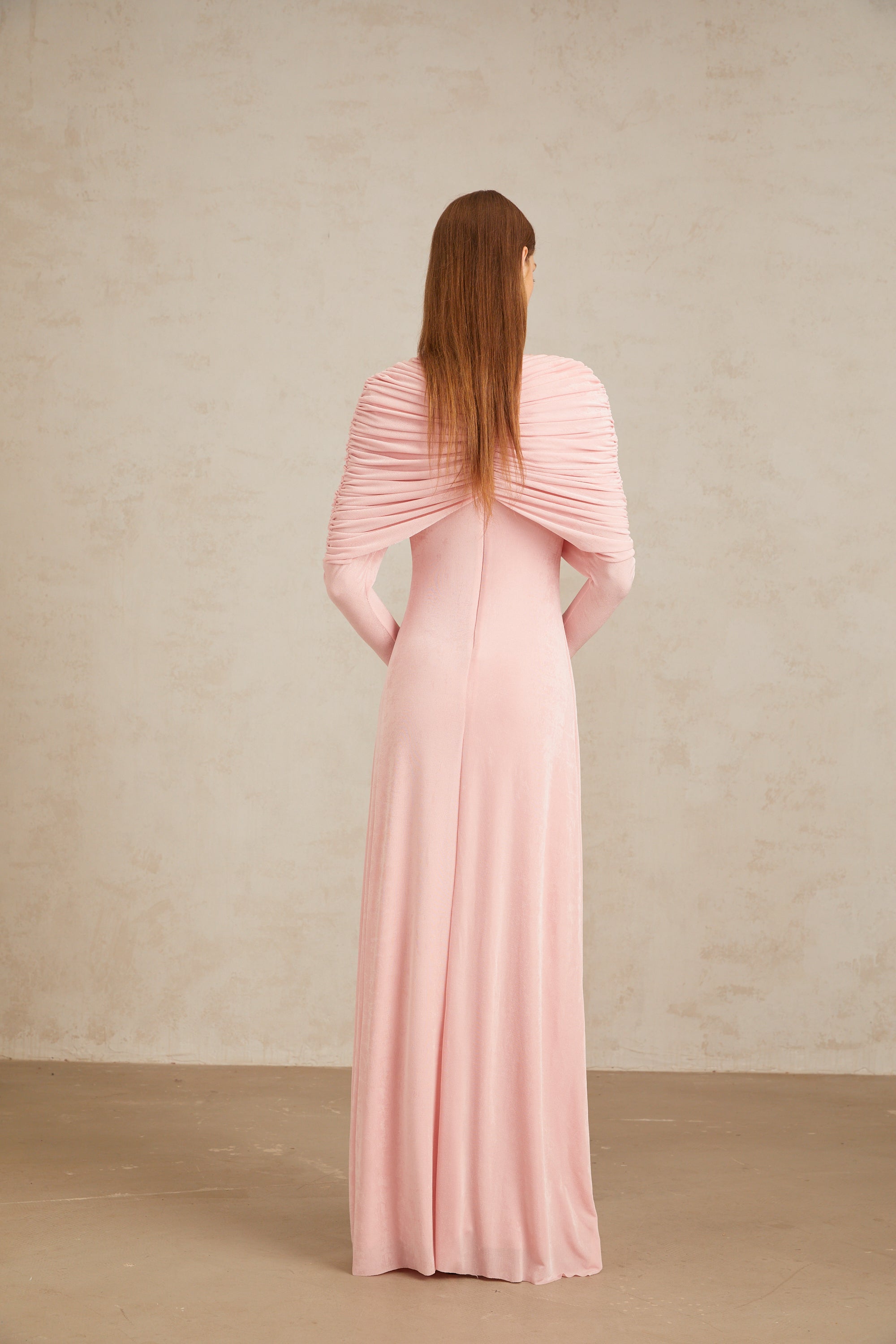 Moderne Pink Shawl Panel Ruched Maxi Dress