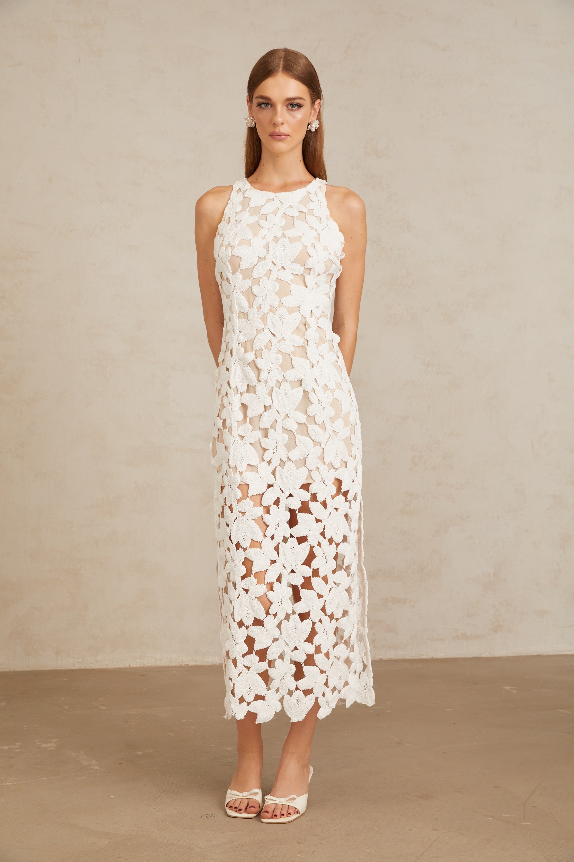 Wilhelmine White Cutout Embroidered Floral Midi Dress