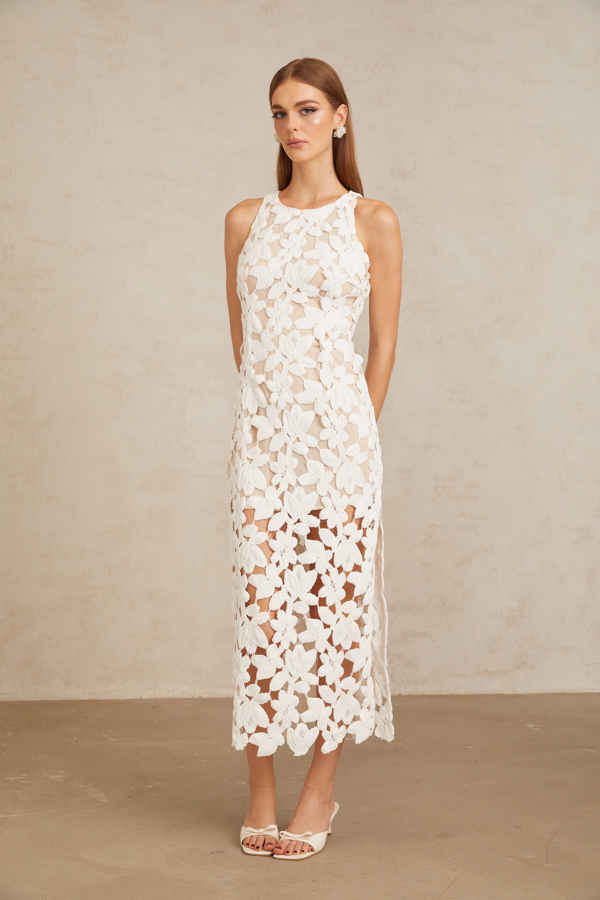 Wilhelmine White Cutout Embroidered Floral Midi Dress