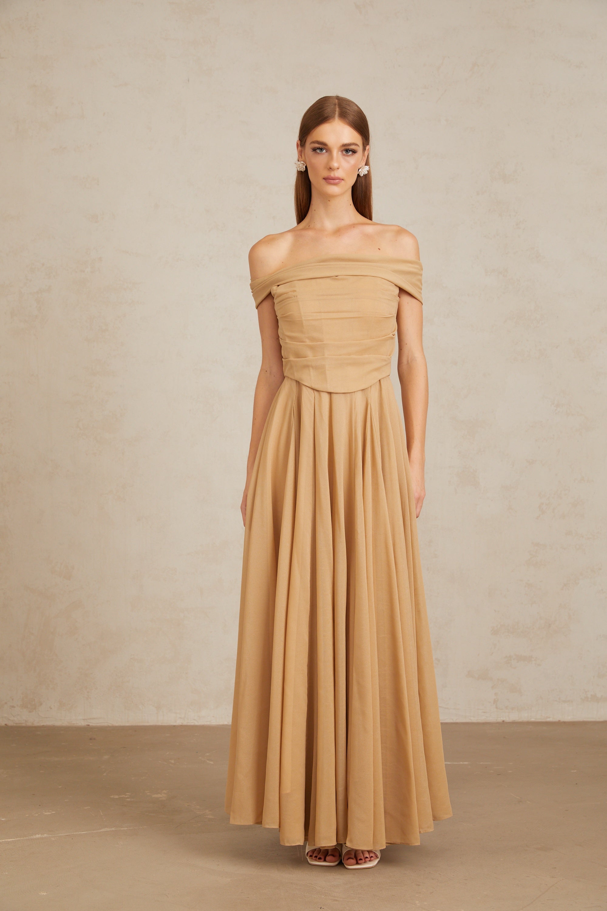 Urbaine Khaki Ruched Tulle Maxi Dress