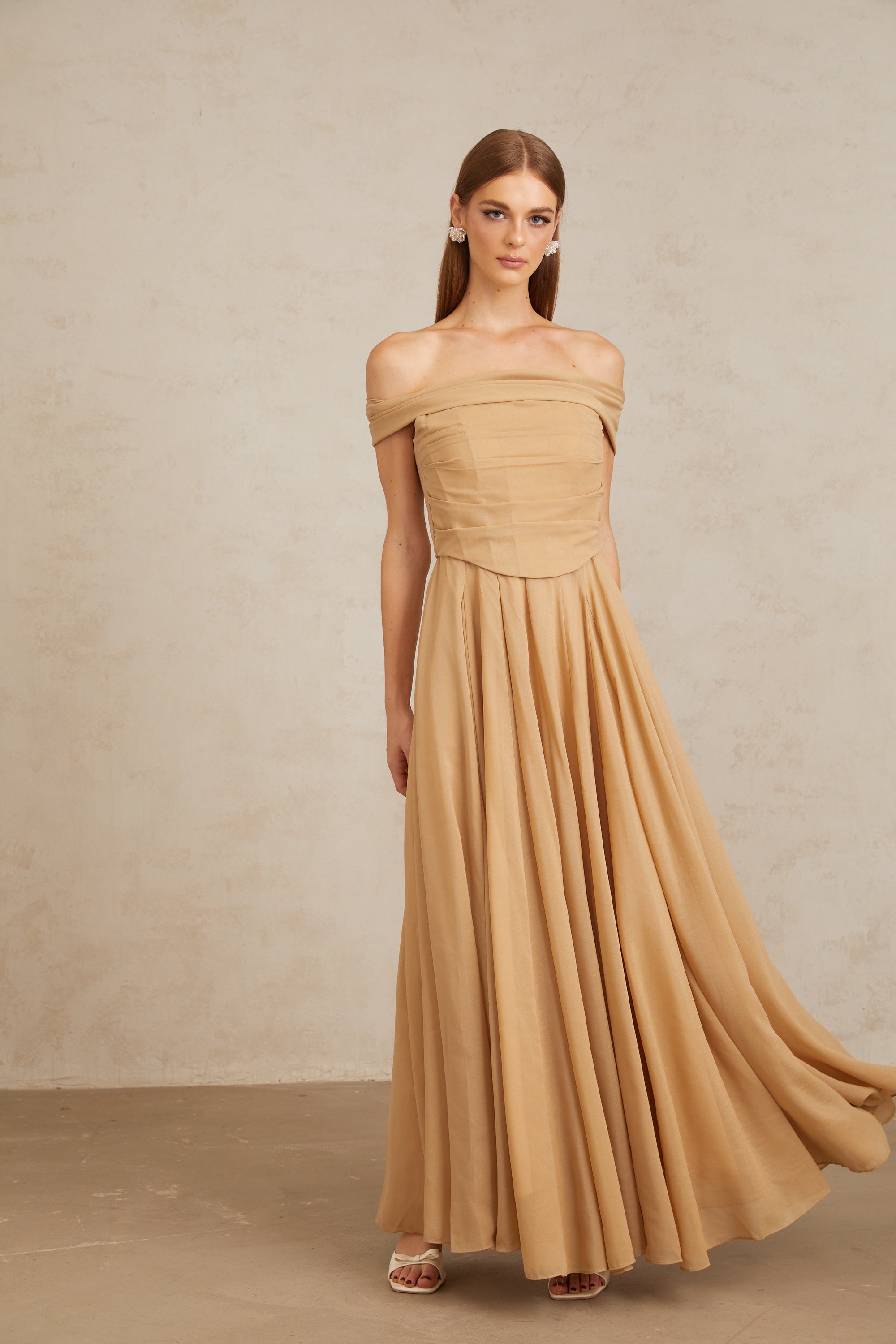 Urbaine Khaki Ruched Tulle Maxi Dress