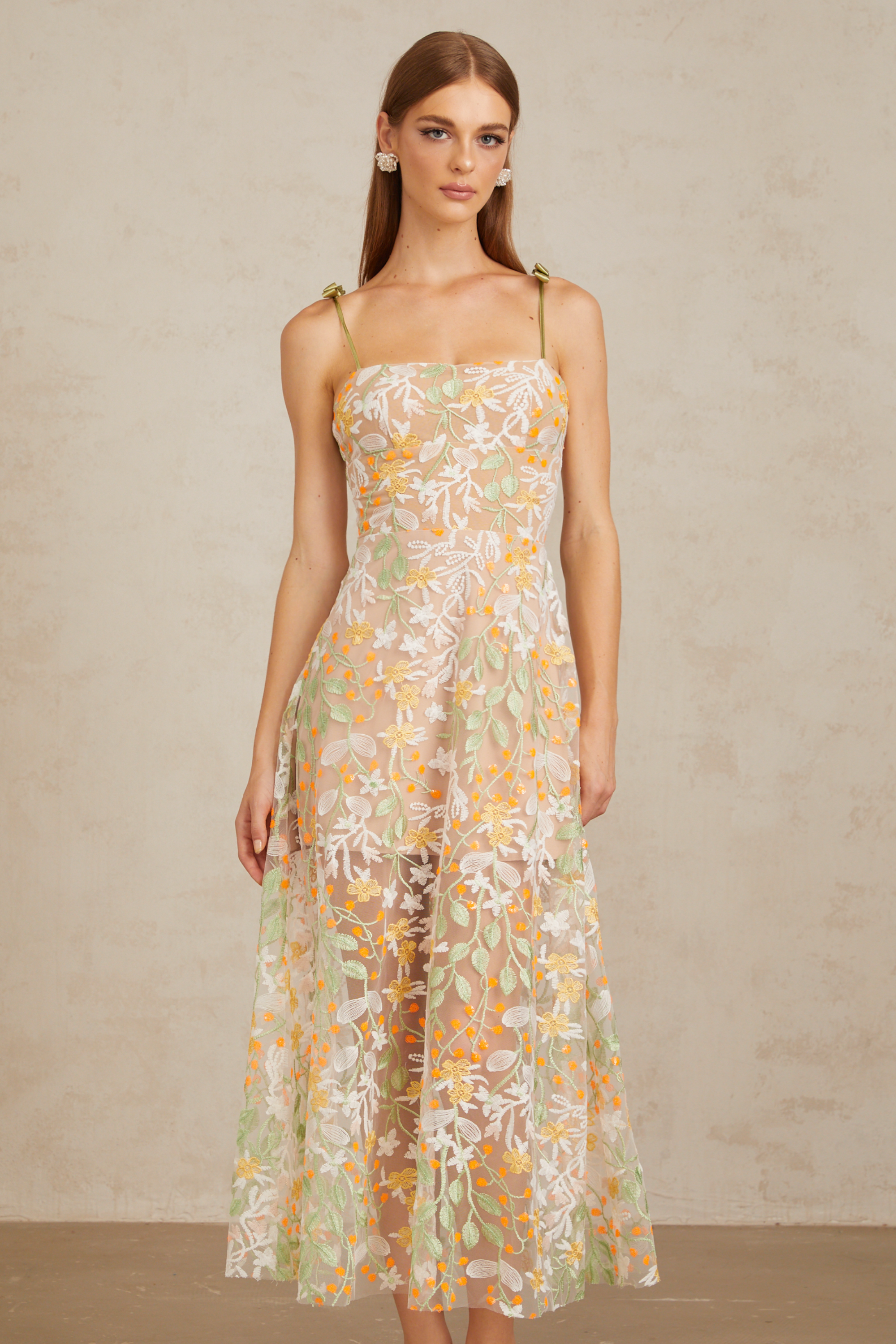 Bérénice Neutral Floral Embroidered Flare Maxi Dress (Final Sale-US Only)