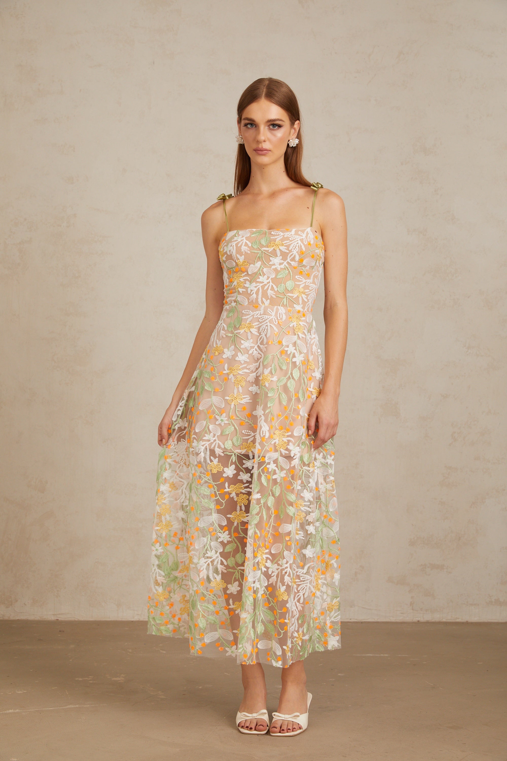Bérénice Neutral Floral Embroidered Flare Maxi Dress (Final Sale-US Only)