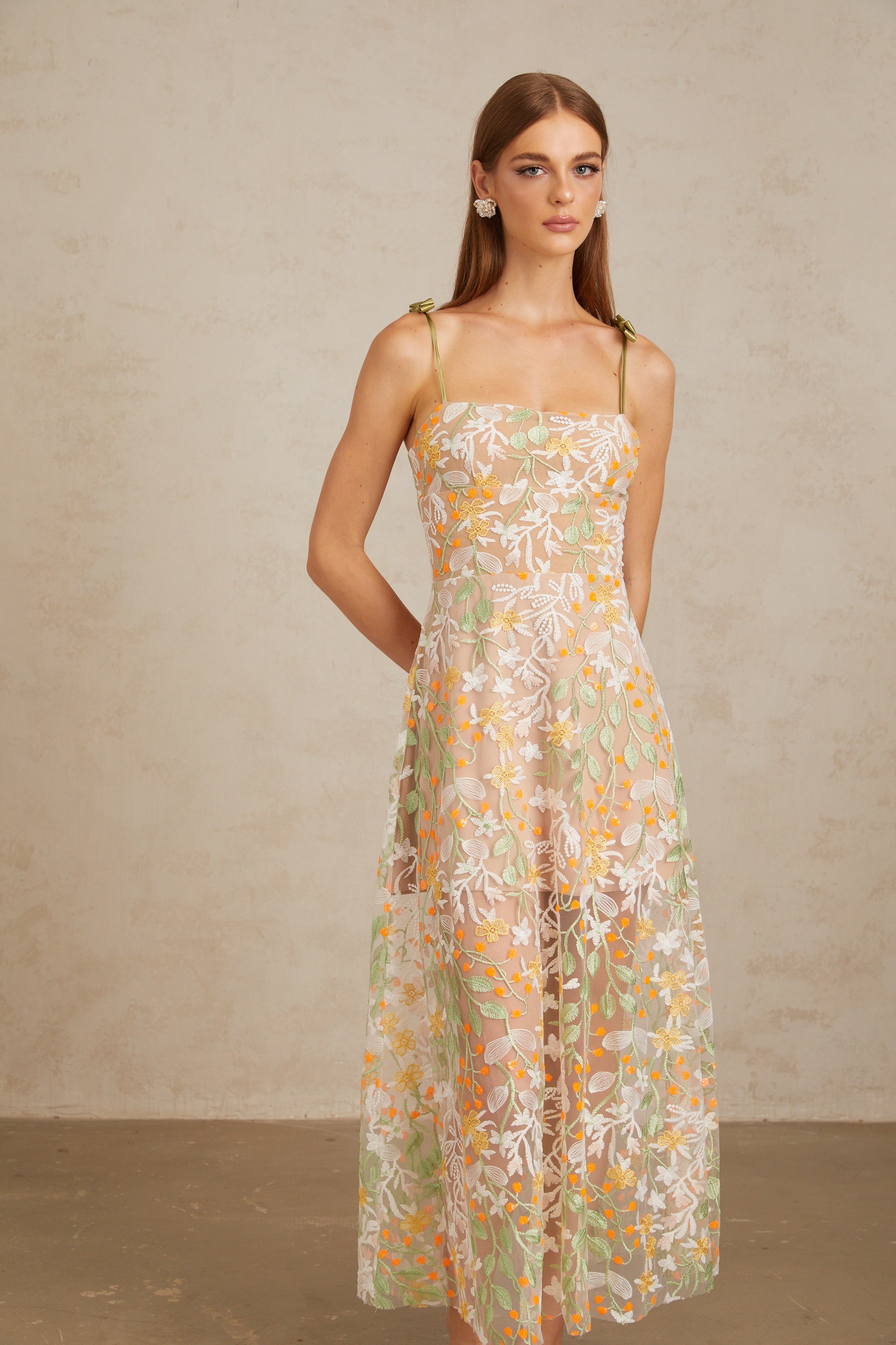 Bérénice Neutral Floral Embroidered Flare Maxi Dress (Final Sale-US Only)