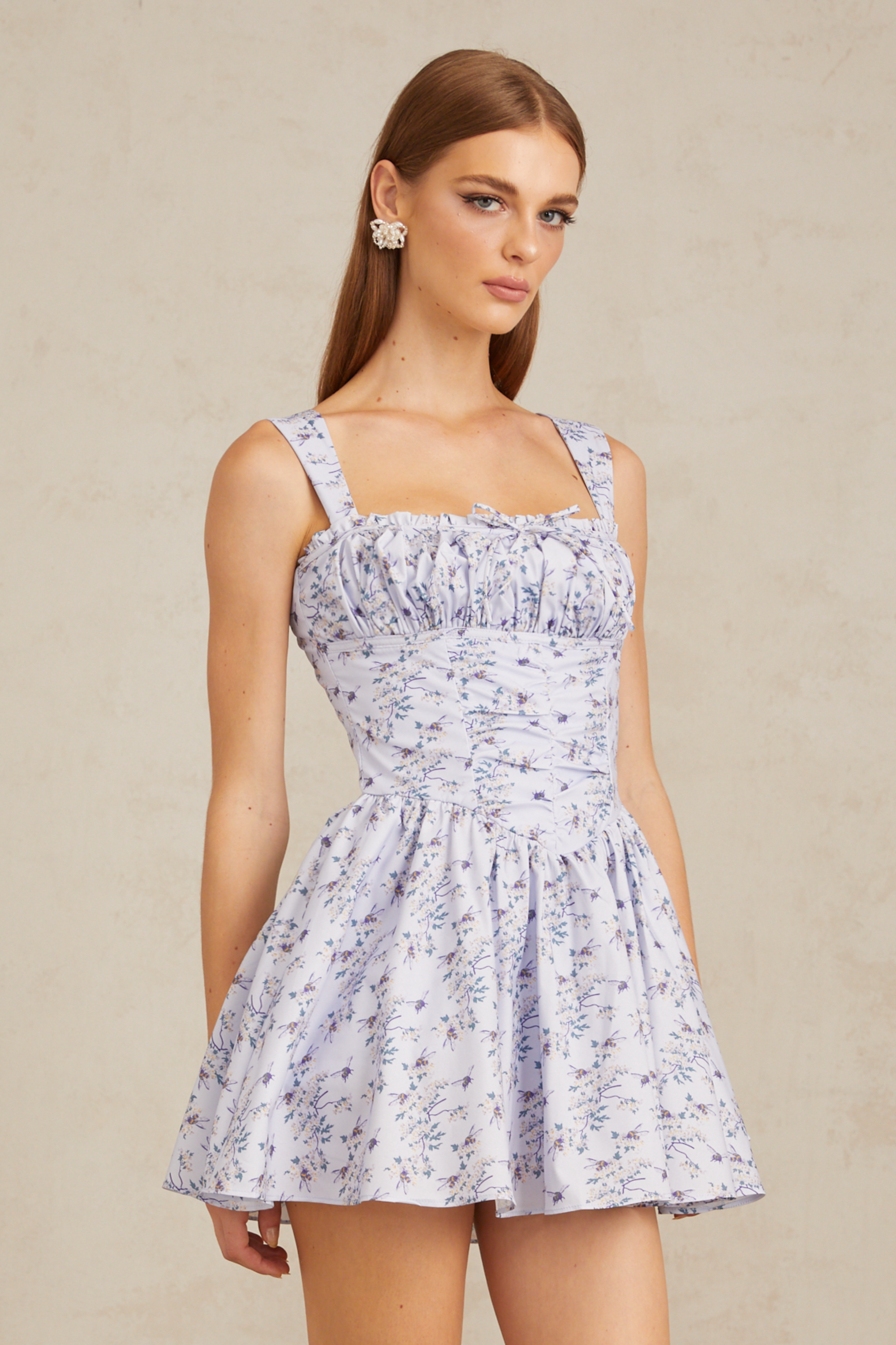 Valentin Blue Shirred Floral Print Mini Dress (Final Sale)