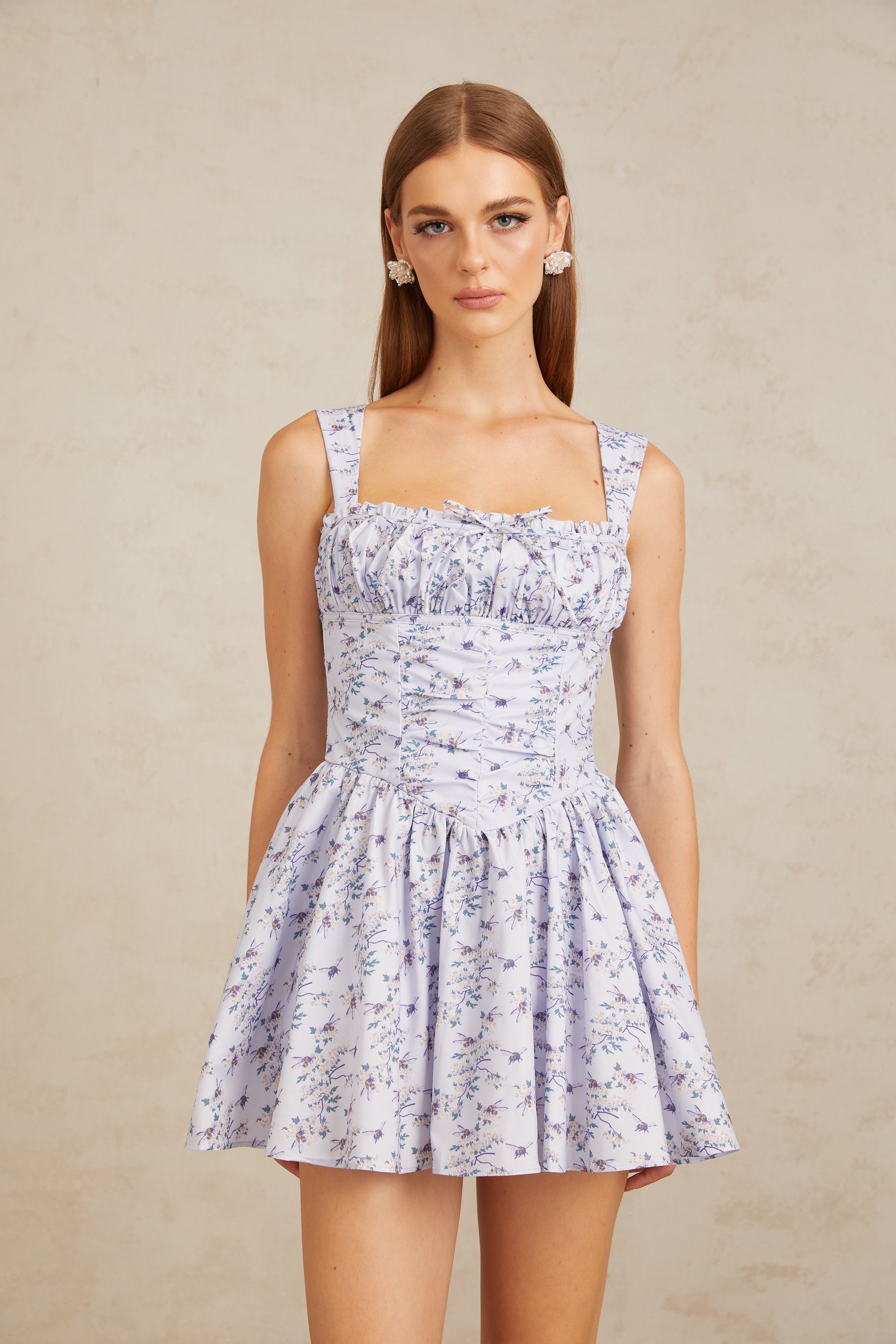 Valentin Blue Shirred Floral Print Mini Dress (Final Sale)