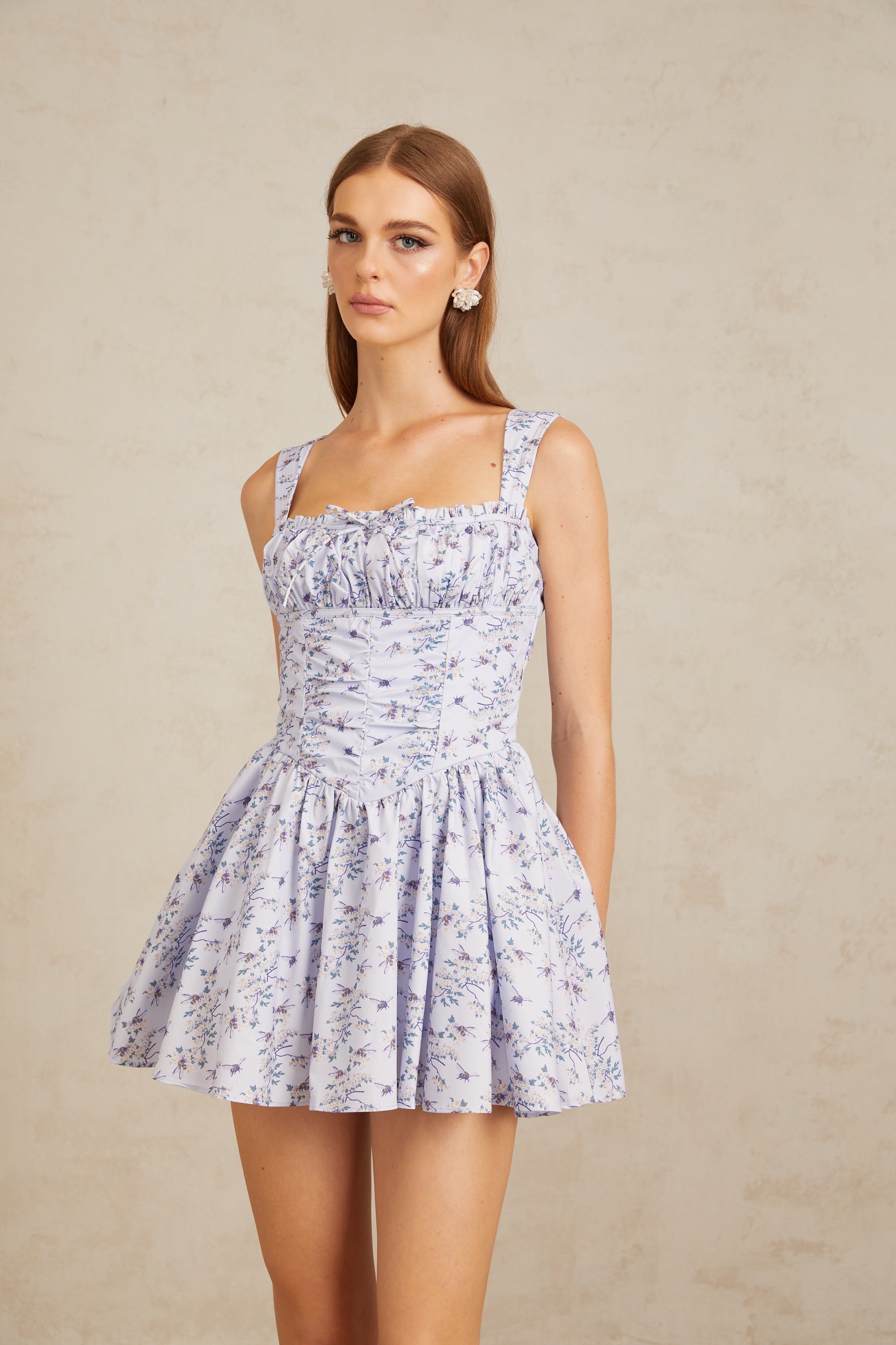 Valentin Blue Shirred Floral Print Mini Dress (Final Sale)