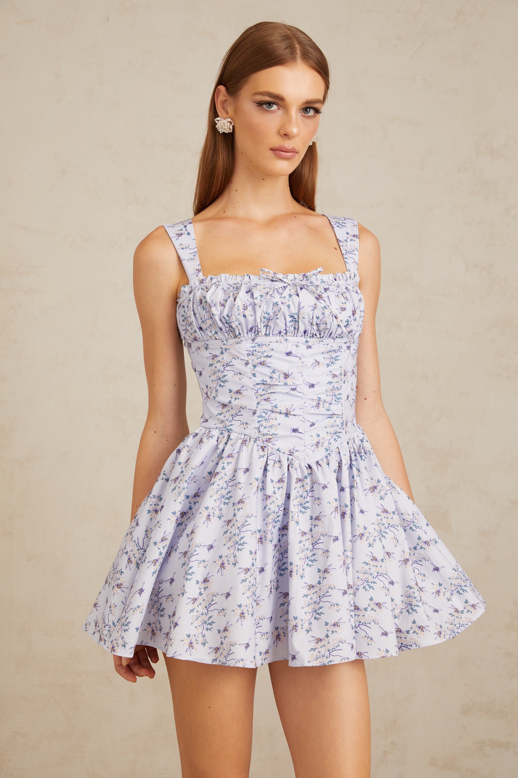 Valentin Blue Shirred Floral Print Mini Dress (Final Sale)